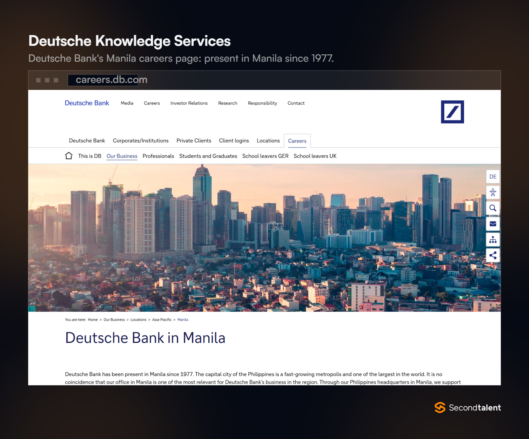 Deutsche Bank careers page headed Deutsche Bank in Manila, noting the bank has been present in Manila since 1977.