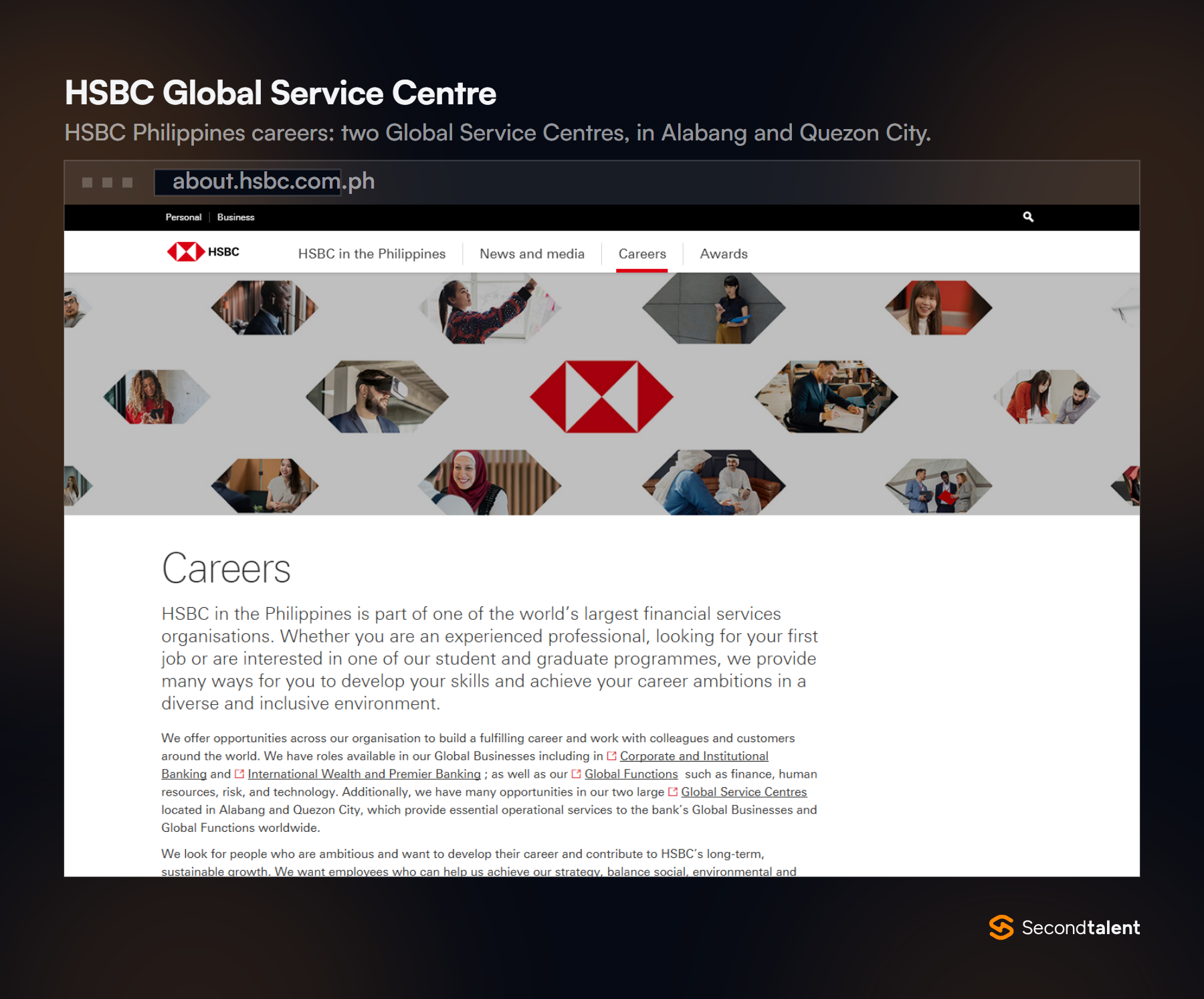 HSBC Philippines careers page describing two Global Service Centres in Alabang and Quezon City that serve the bank's businesses worldwide.