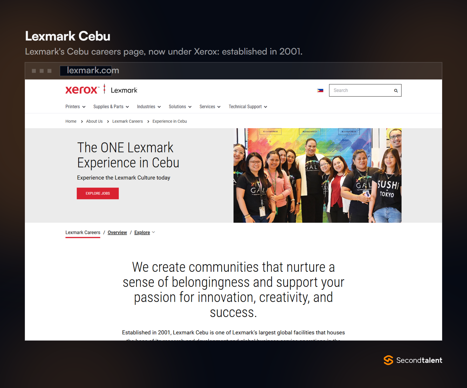 Xerox Lexmark careers page headed The ONE Lexmark Experience in Cebu, established in 2001.