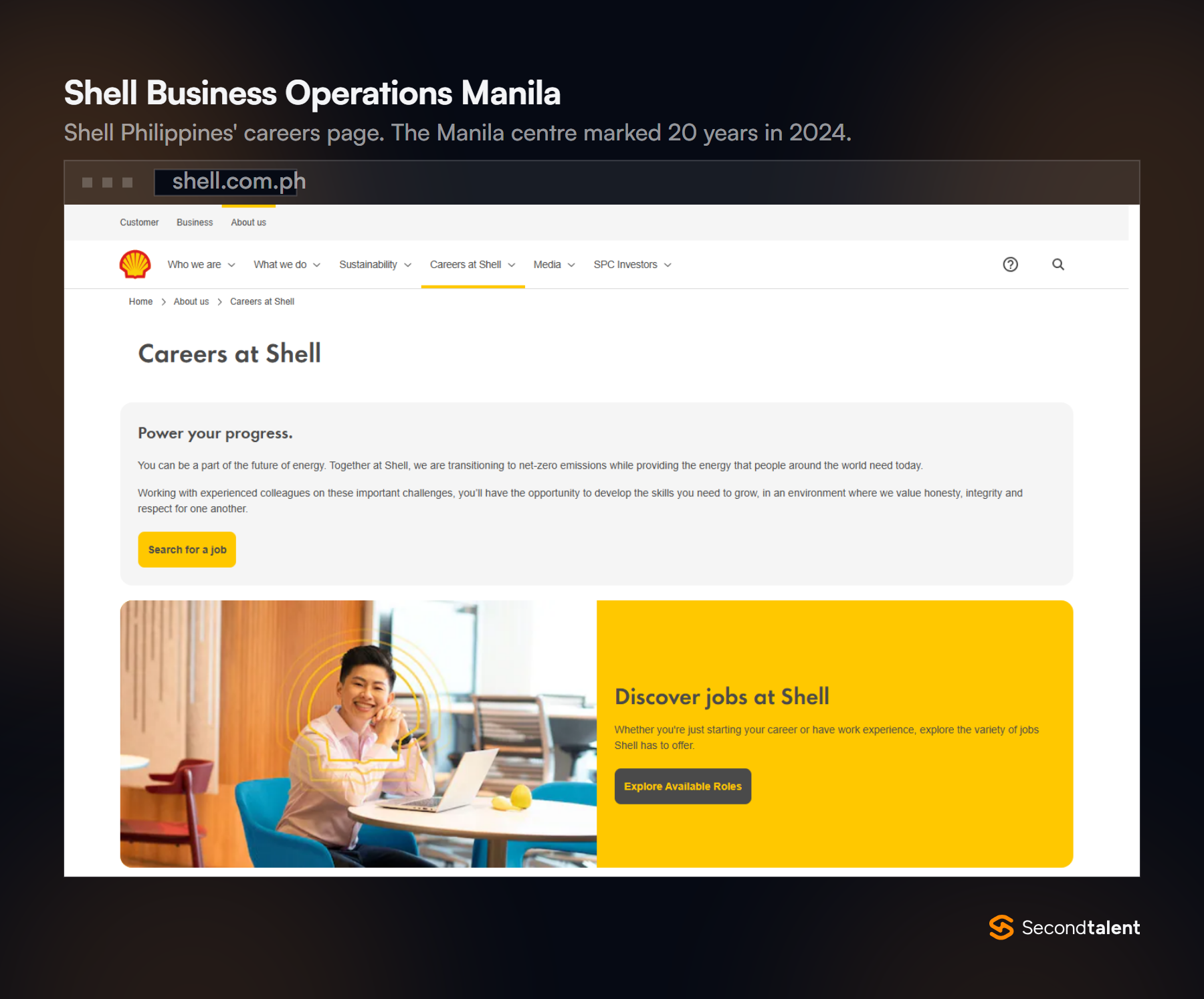 Shell Philippines careers page headed Careers at Shell, with a Search for a job button.