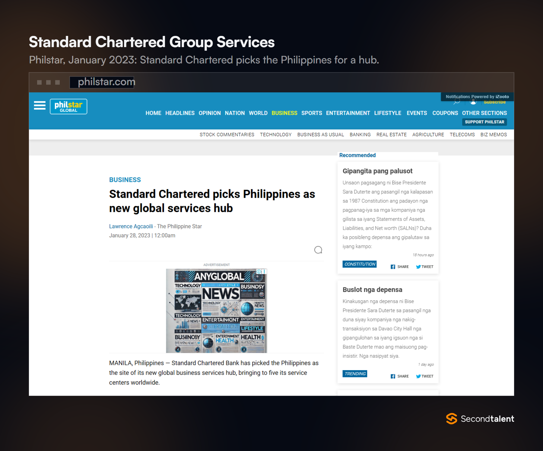 Philstar article from January 28, 2023, headlined Standard Chartered picks Philippines as new global services hub.