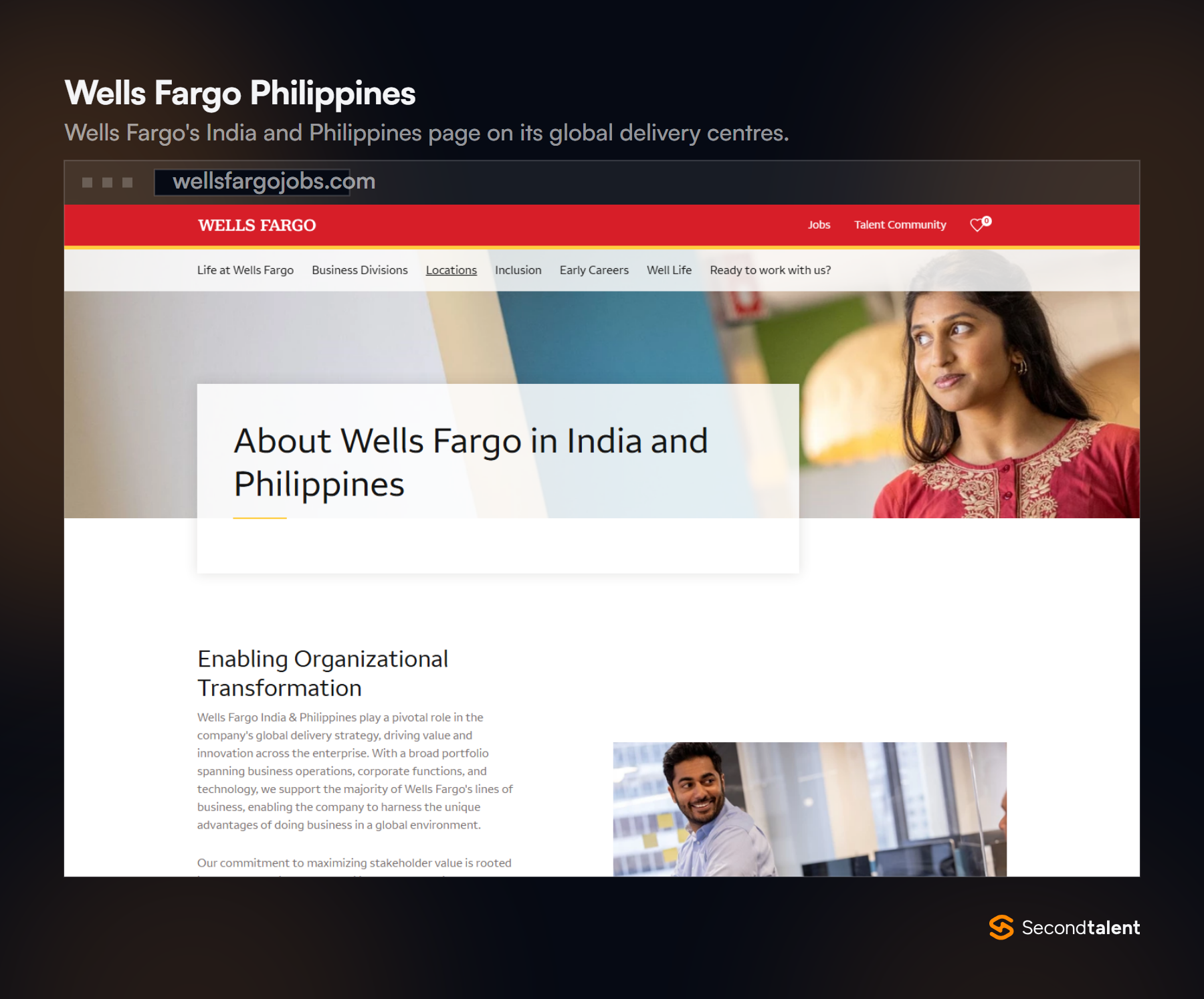 Wells Fargo careers page headed About Wells Fargo in India and Philippines, on the centres' role in the bank's global delivery.
