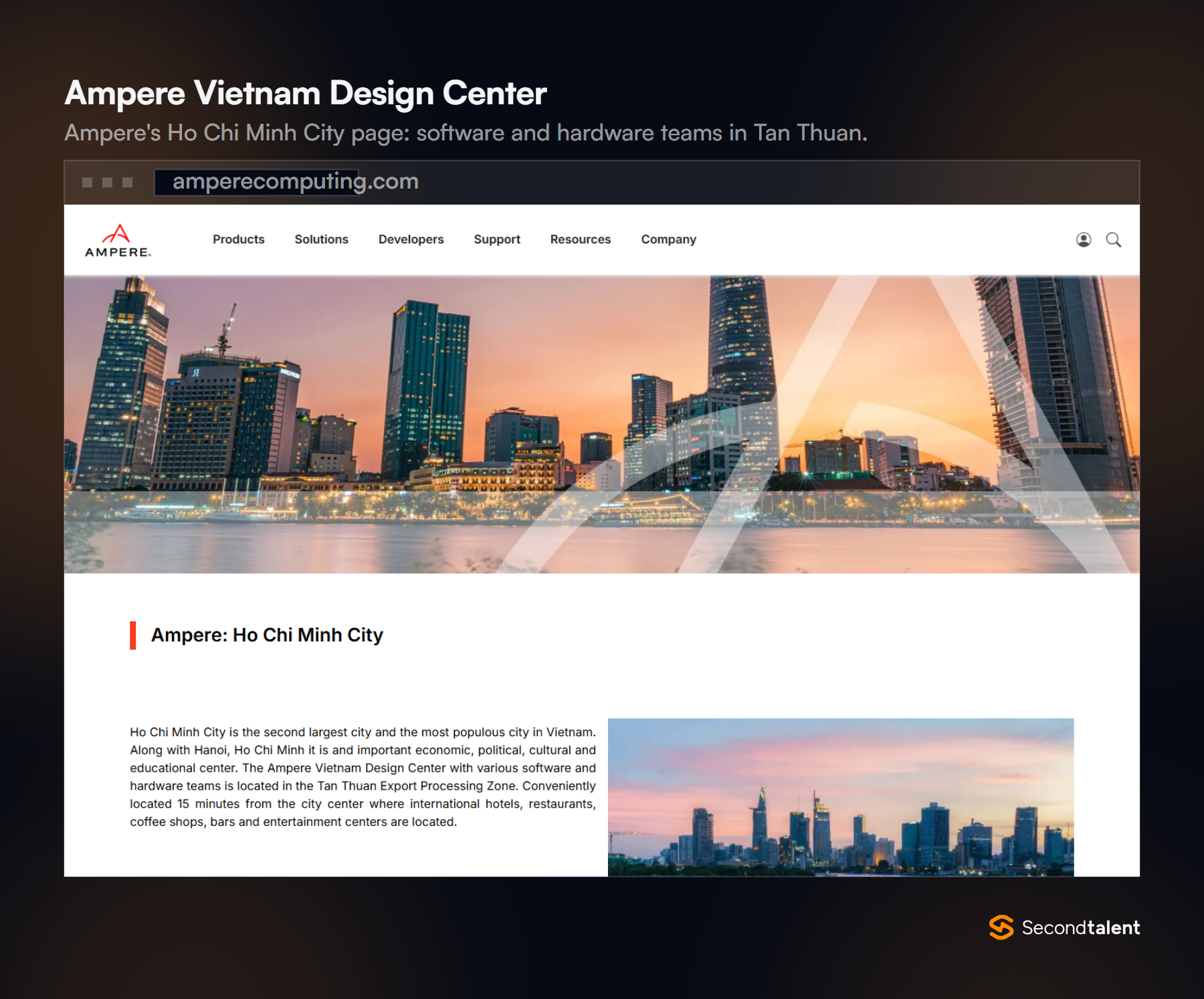 Ampere's Ho Chi Minh City location page, describing the Ampere Vietnam Design Center's software and hardware teams in the Tan Thuan Export Processing Zone.