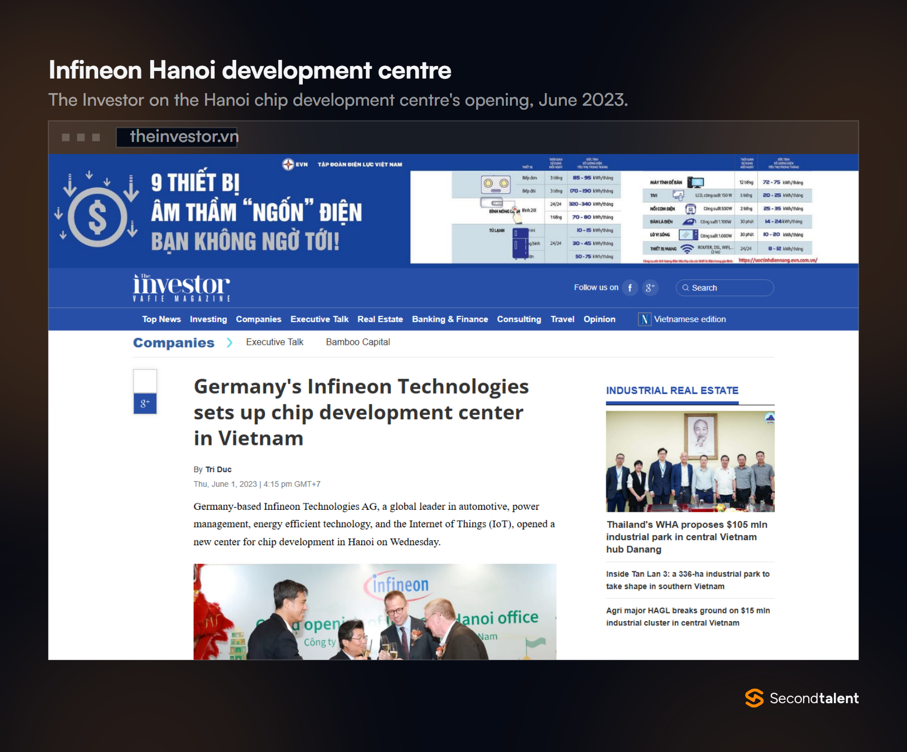The Investor article from June 1, 2023, titled Germany's Infineon Technologies sets up chip development center in Vietnam.