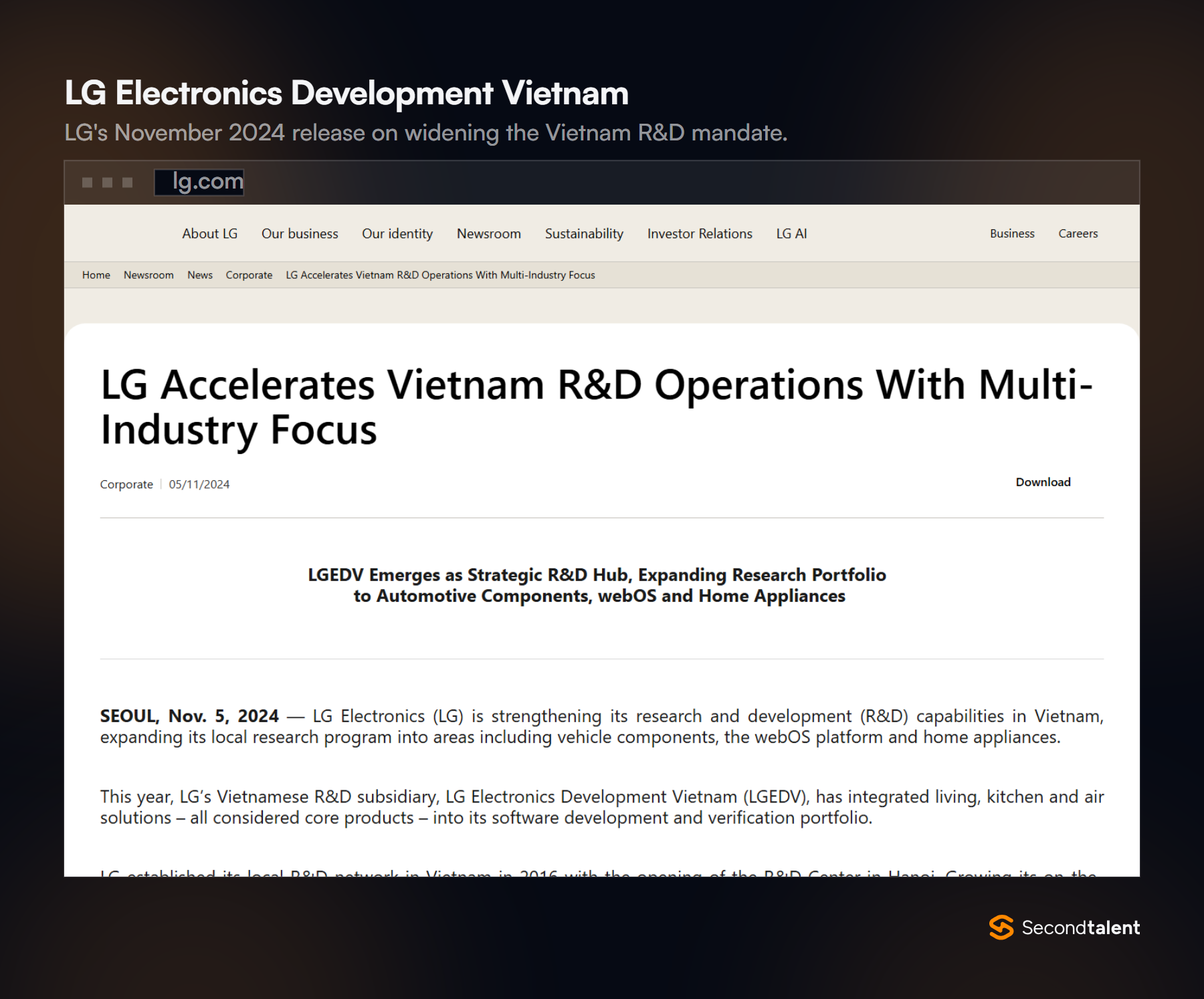 LG newsroom release from November 5, 2024, titled LG Accelerates Vietnam R&D Operations With Multi-Industry Focus.