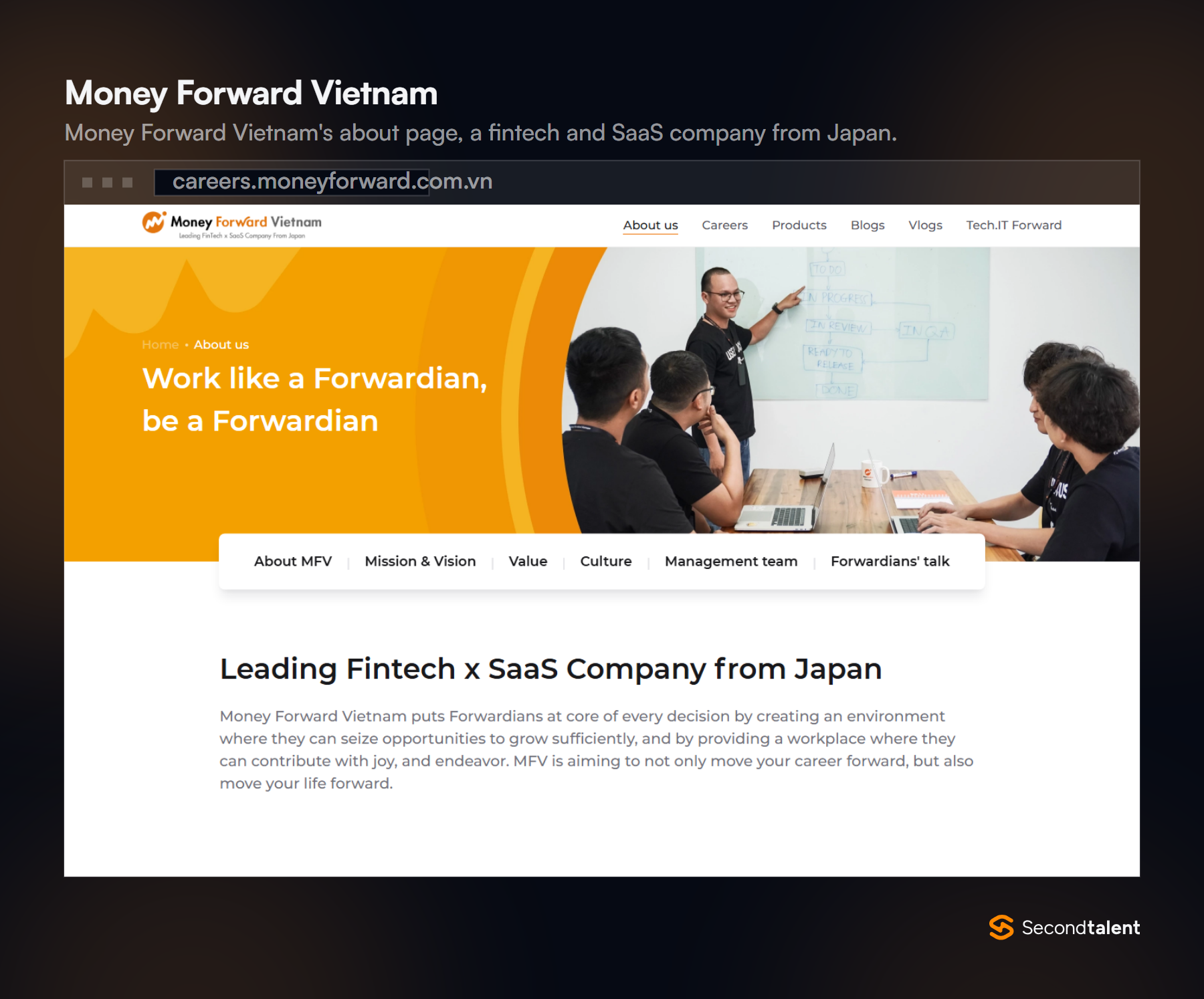 Money Forward Vietnam's about page, headed Leading Fintech x SaaS Company from Japan.