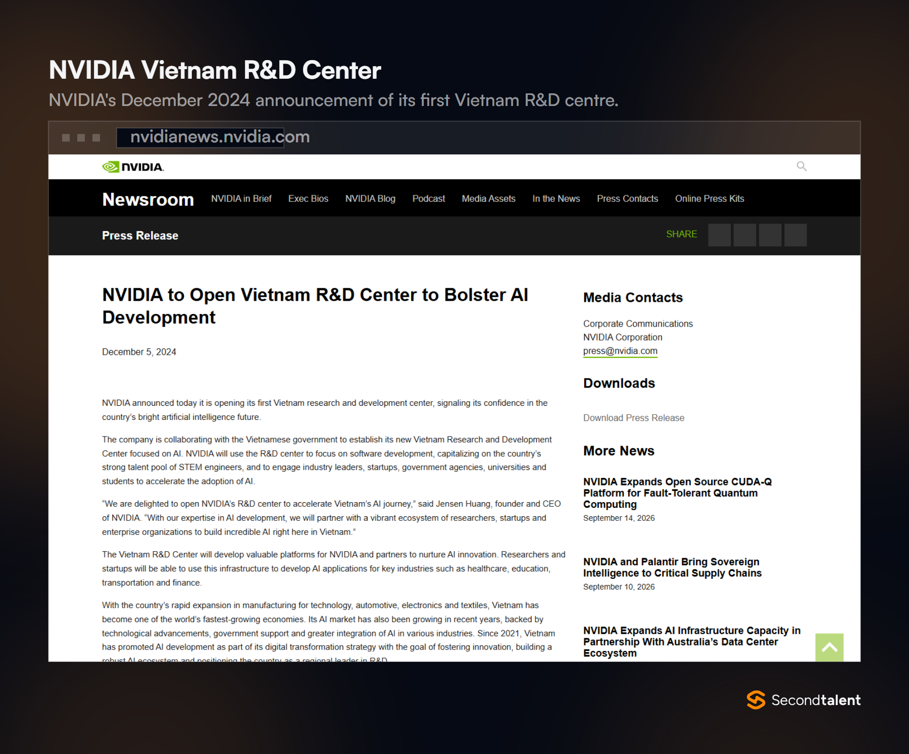 NVIDIA Newsroom press release from December 5, 2024, titled NVIDIA to Open Vietnam R&D Center to Bolster AI Development.