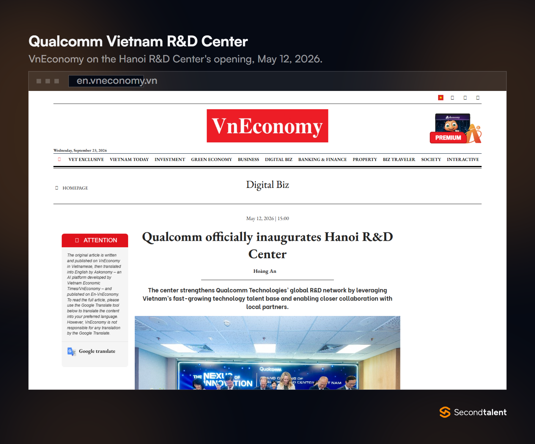 VnEconomy article from May 12, 2026, titled Qualcomm officially inaugurates Hanoi R&D Center.