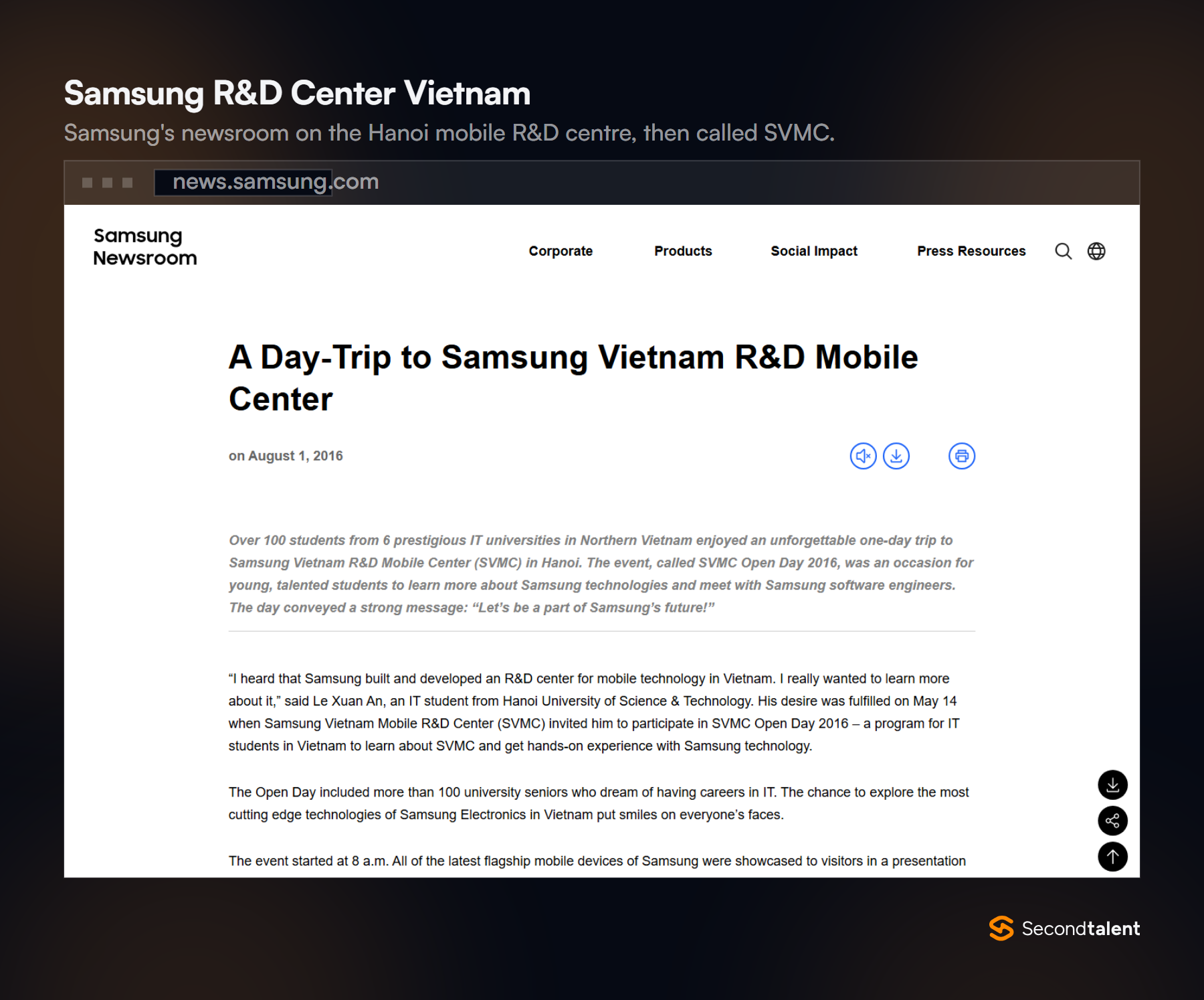 Samsung Newsroom article titled A Day-Trip to Samsung Vietnam R&D Mobile Center, about an open day for IT students at the Hanoi centre.