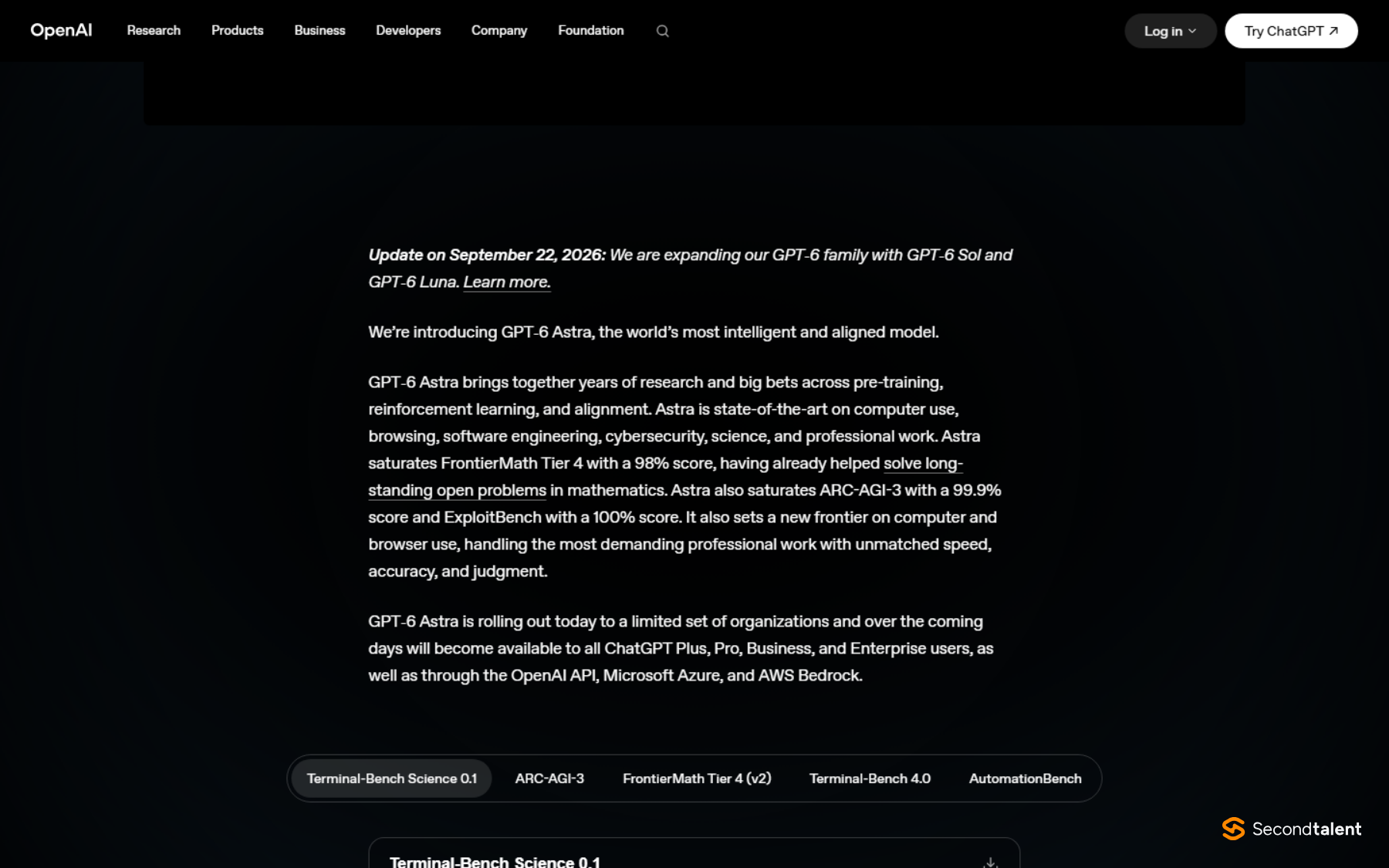OpenAI's GPT-6 Astra launch page, with the September 22 update adding GPT-6 Sol and Luna and the rollout to ChatGPT Plus, Pro, Business and Enterprise.