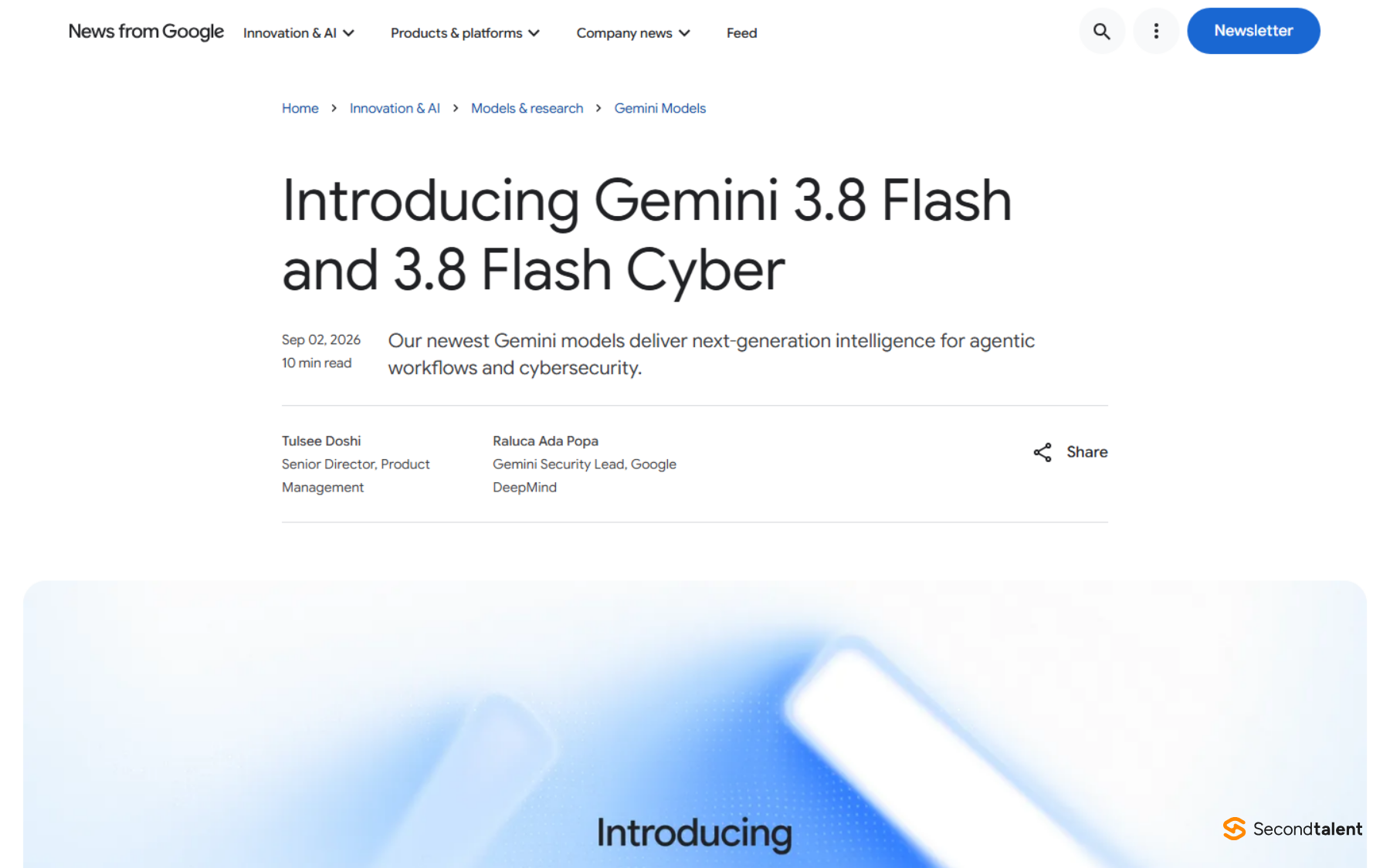 Google's blog post Introducing Gemini 3.8 Flash and 3.8 Flash Cyber, dated September 2, 2026.