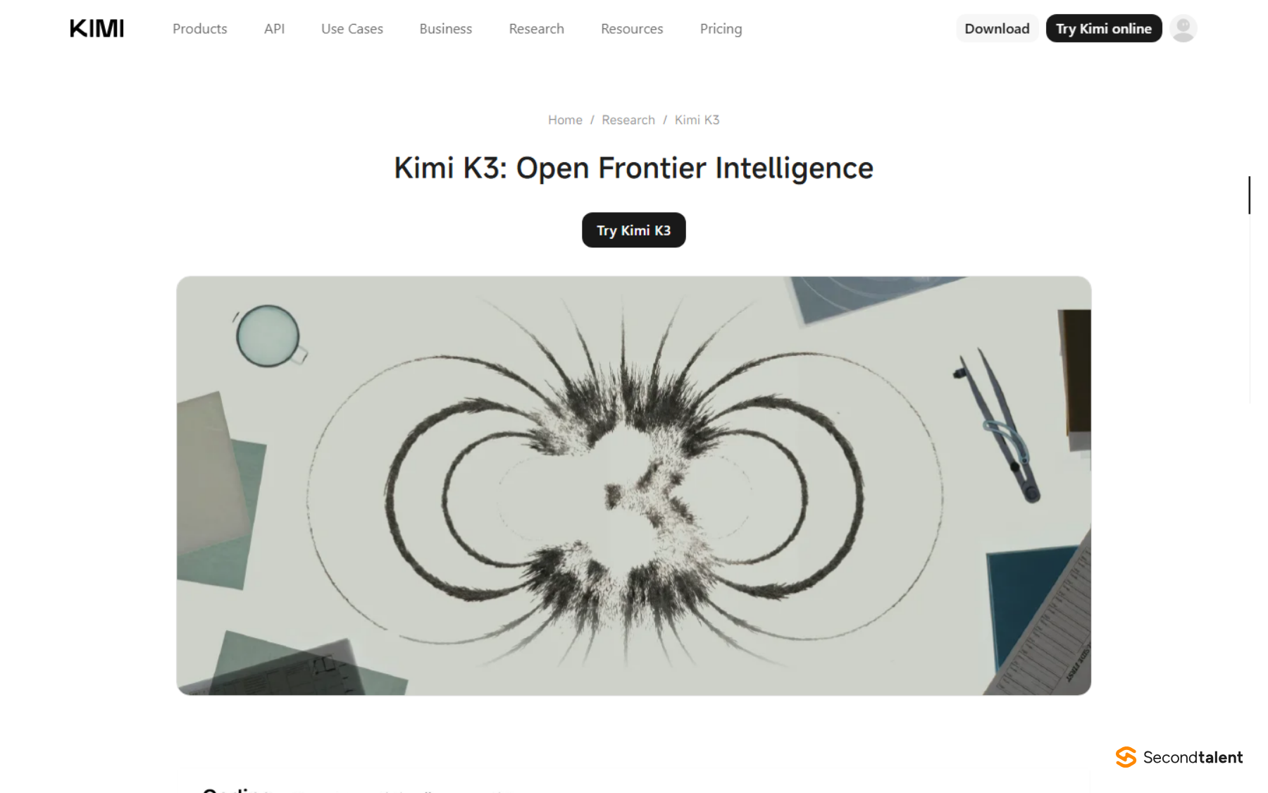 Moonshot's blog page headed Kimi K3: Open Frontier Intelligence, with a Try Kimi K3 button.