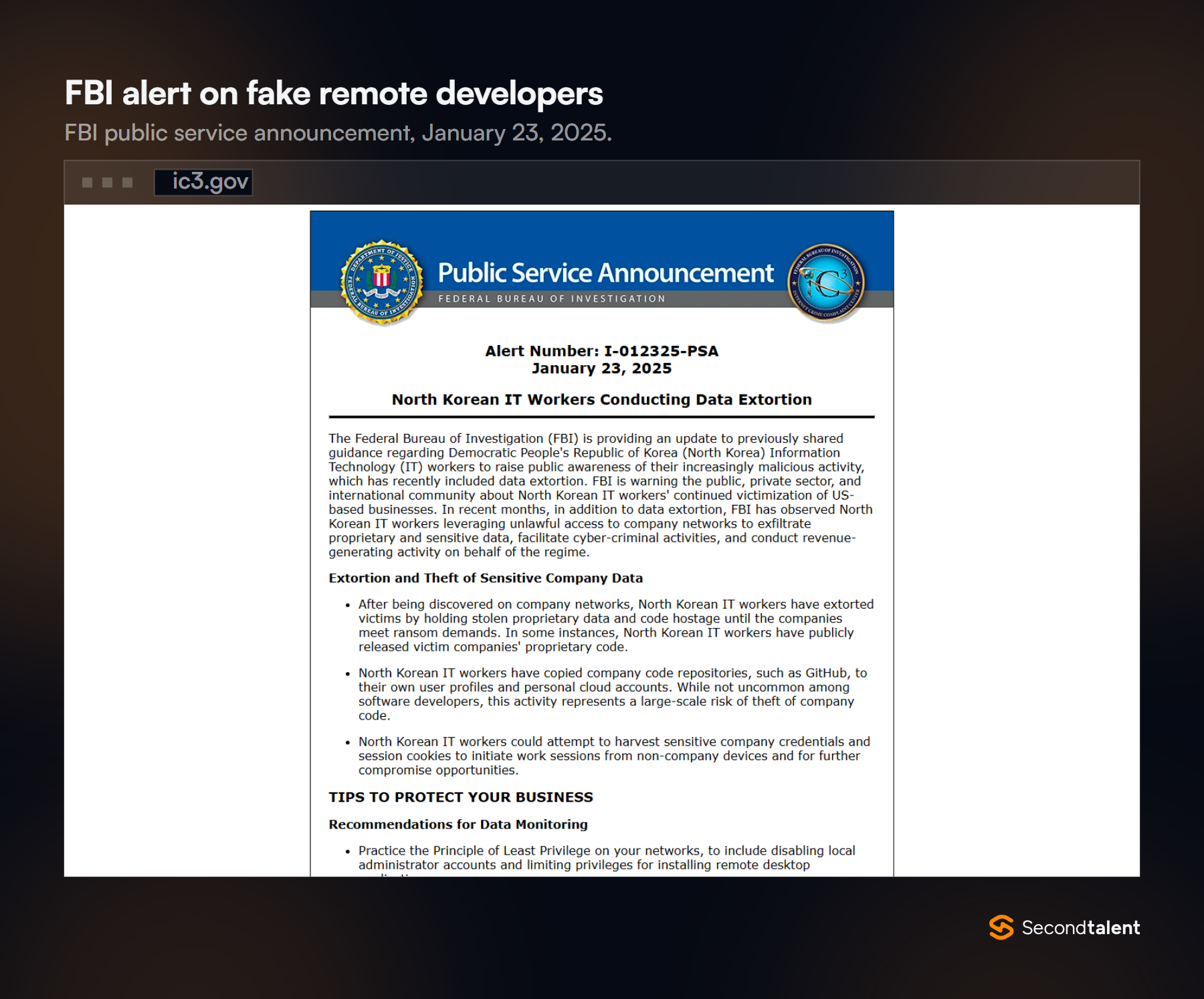 FBI public service announcement of January 23, 2025, titled North Korean IT Workers Conducting Data Extortion.