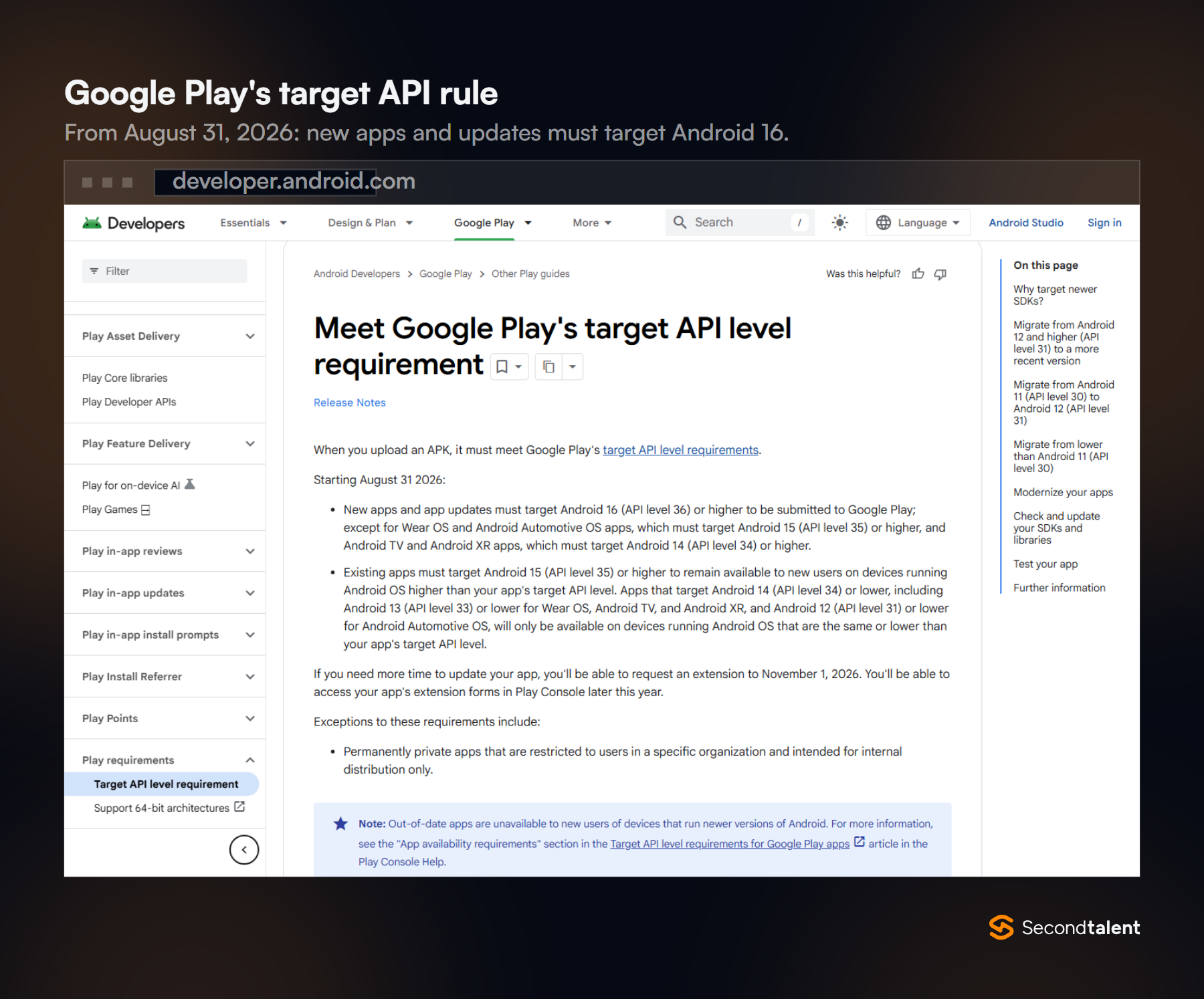 Android Developers page on Google Play's target API level requirement: from August 31, 2026, new apps and updates must target Android 16, API level 36.