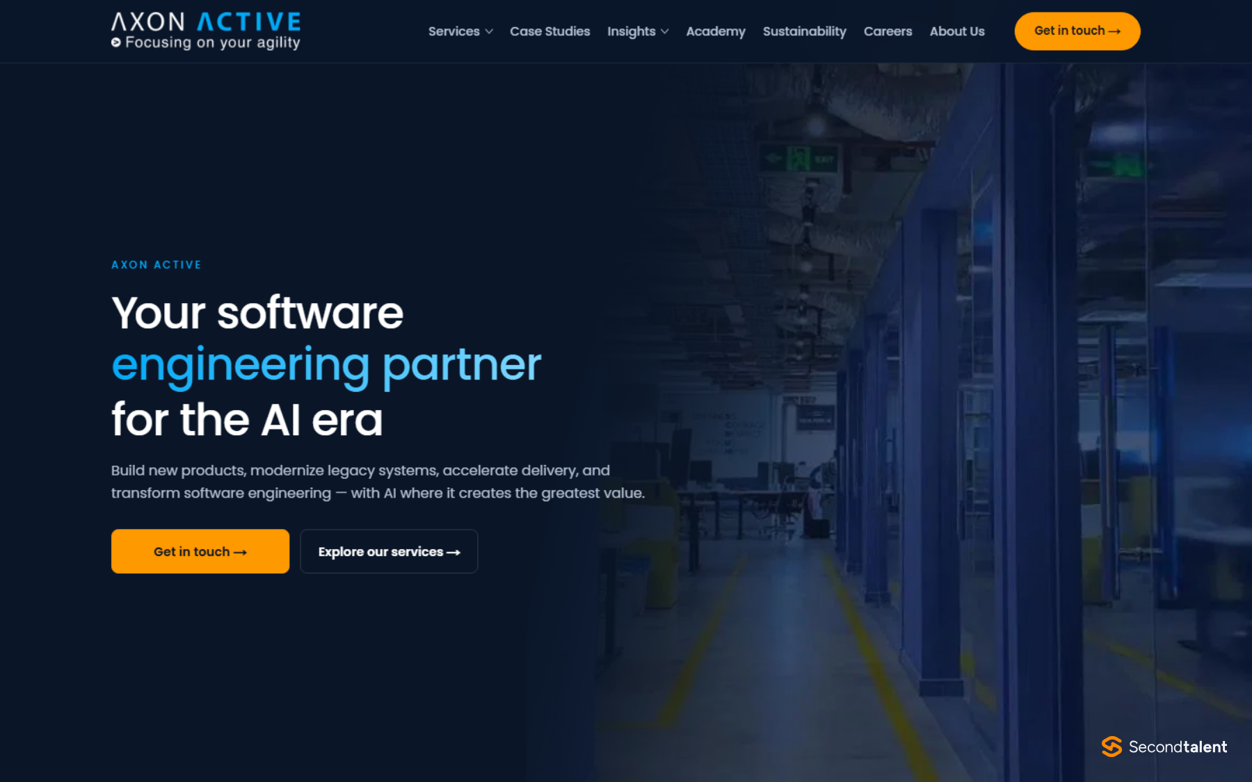 Axon Active's homepage, headed Your software engineering partner for the AI era.