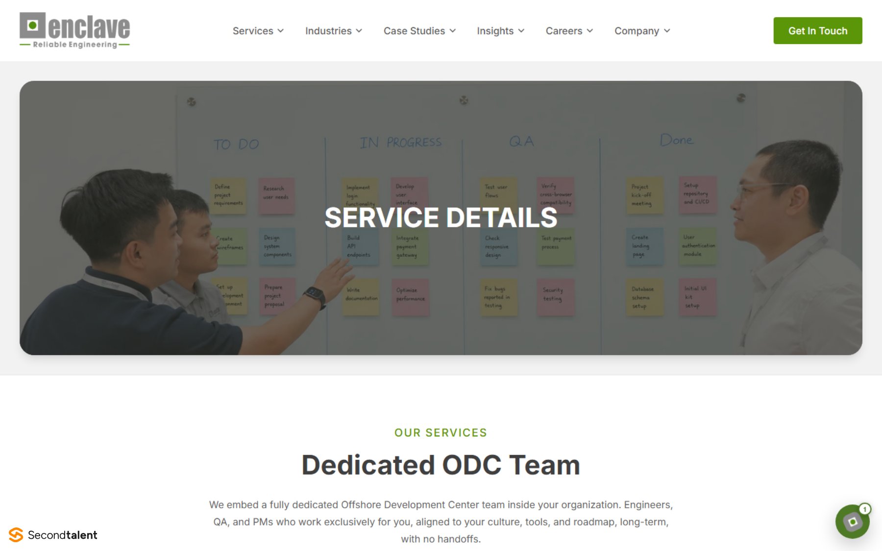 Enclave's Dedicated ODC Team page, describing a fully dedicated offshore development center team of engineers, QA and PMs who work exclusively for one client.