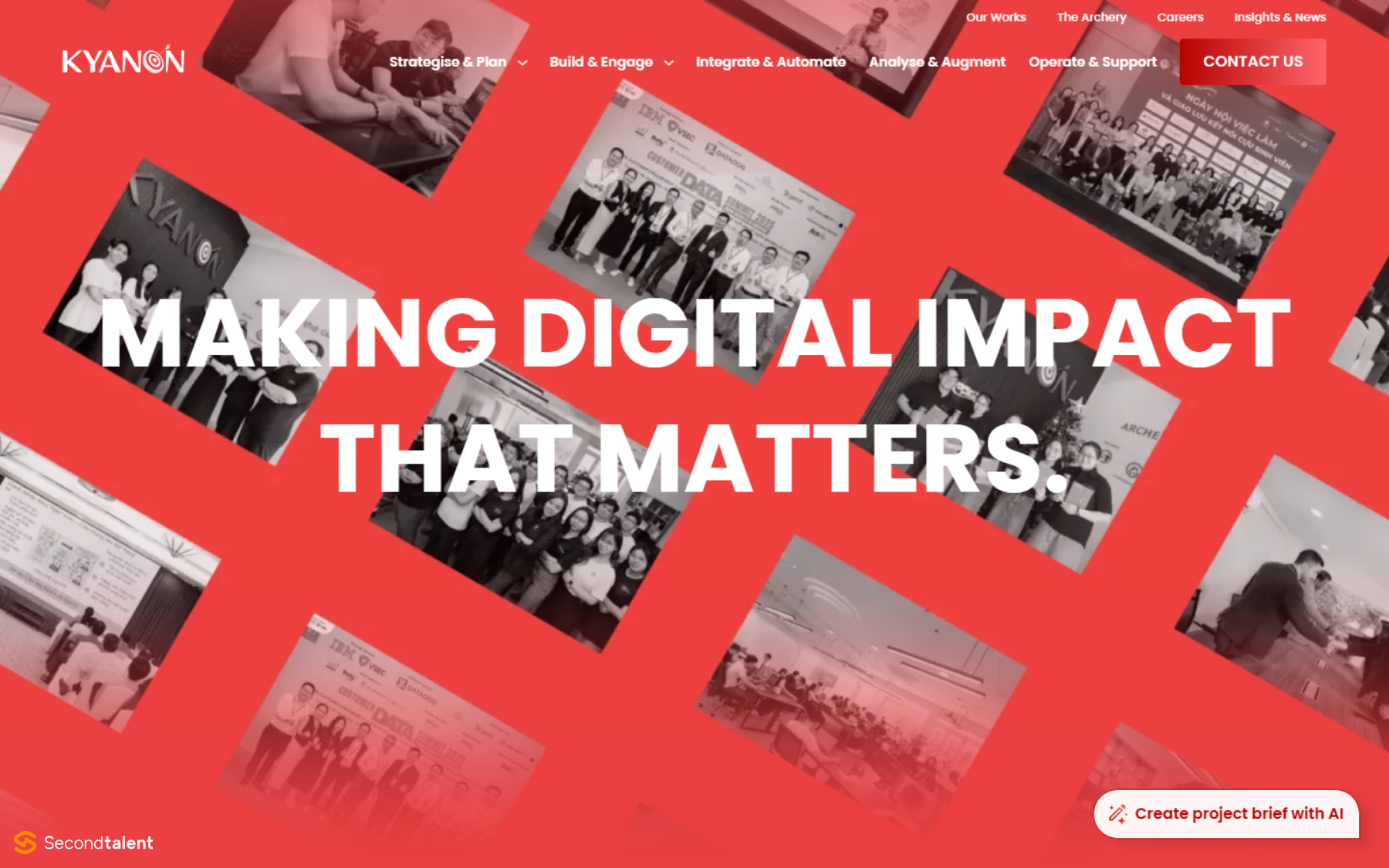 Kyanon Digital's homepage, headed Making digital impact that matters, over photos of its Vietnam teams.