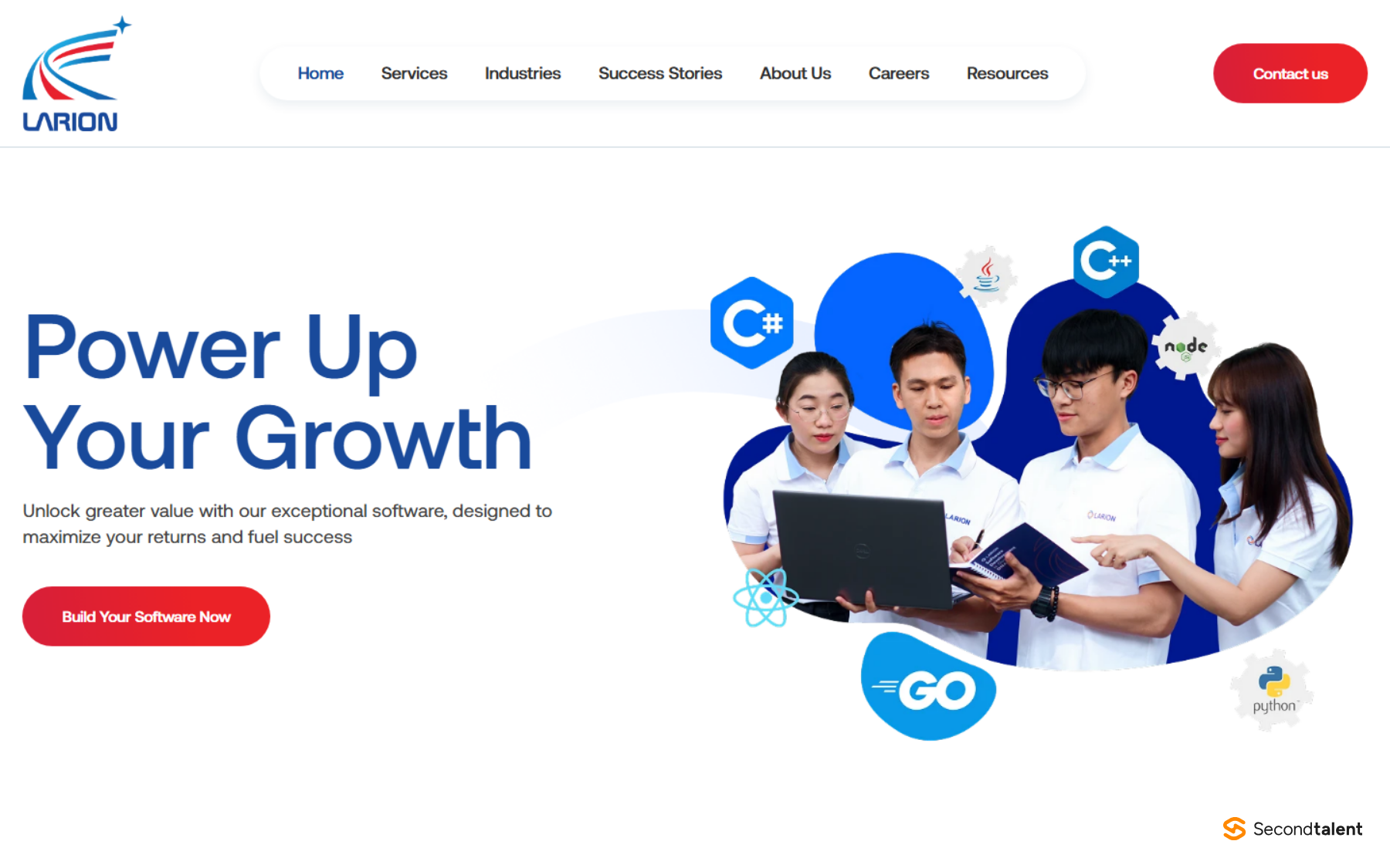 LARION's homepage, headed Power Up Your Growth, with a team of Vietnamese engineers.