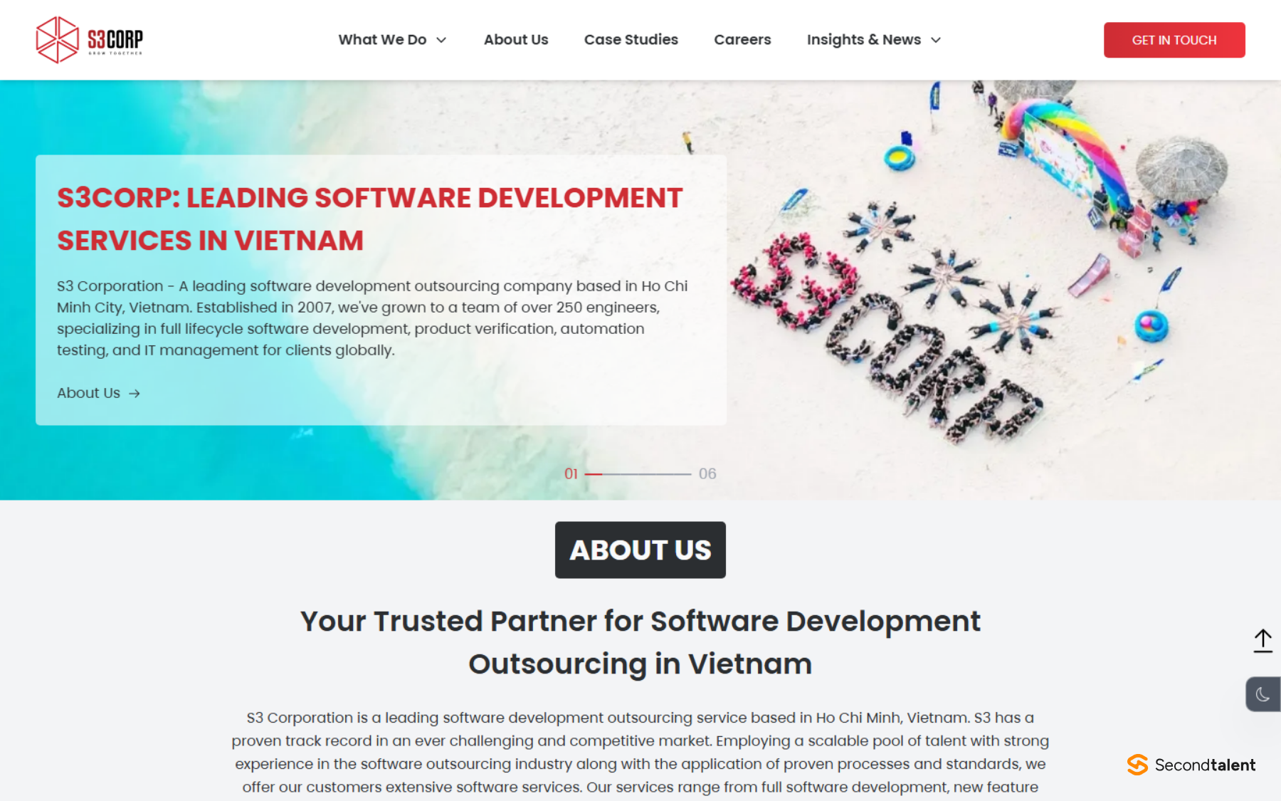 S3Corp's homepage, describing a software development outsourcing company based in Ho Chi Minh City, established in 2007, with over 250 engineers.