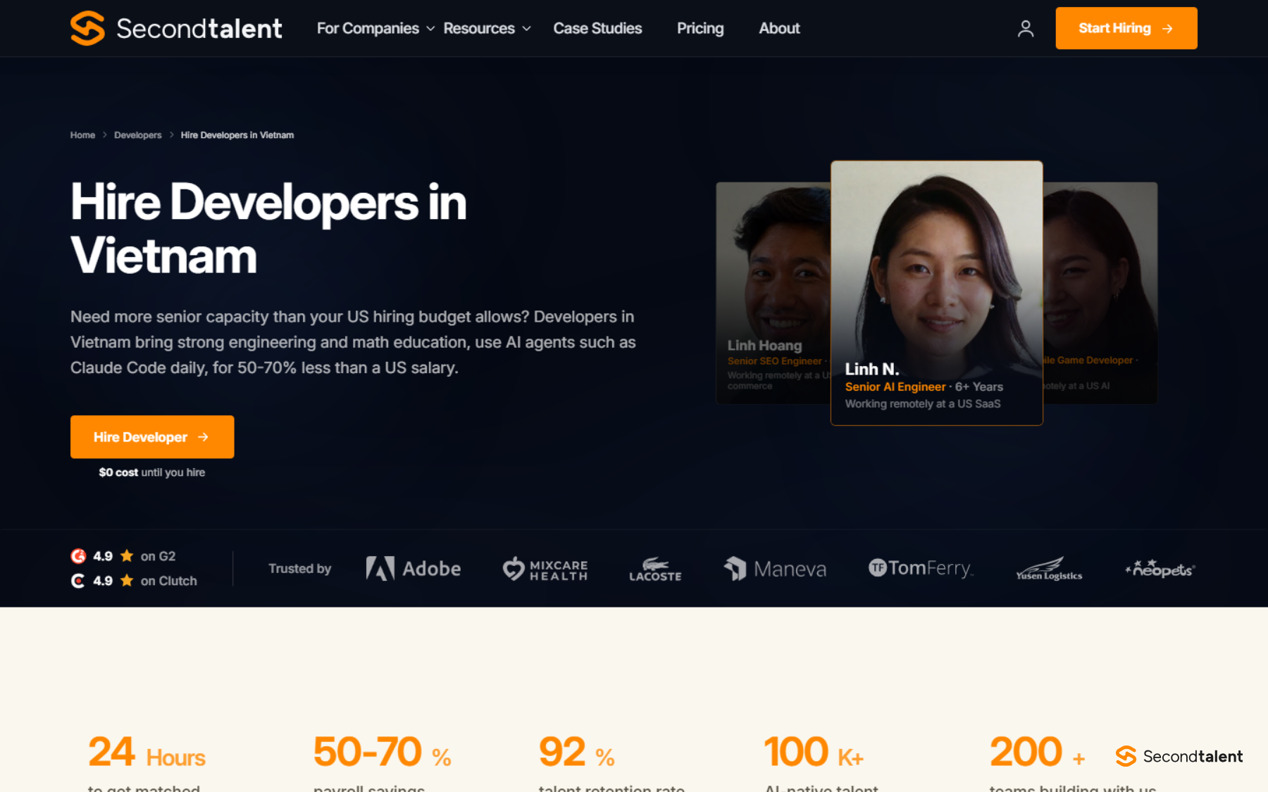 Second Talent's page for hiring developers in Vietnam for US startups.