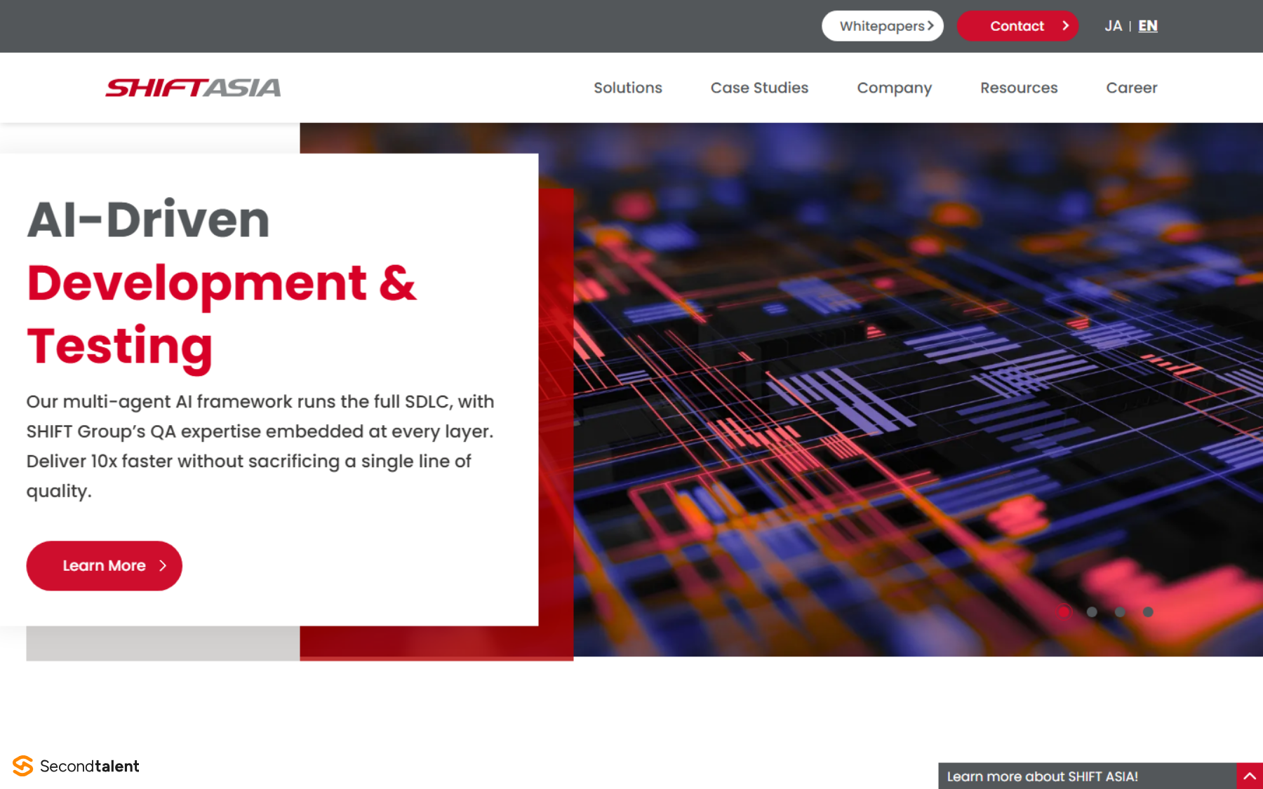 SHIFT ASIA's homepage, headed AI-Driven Development and Testing, describing SHIFT Group's QA expertise.
