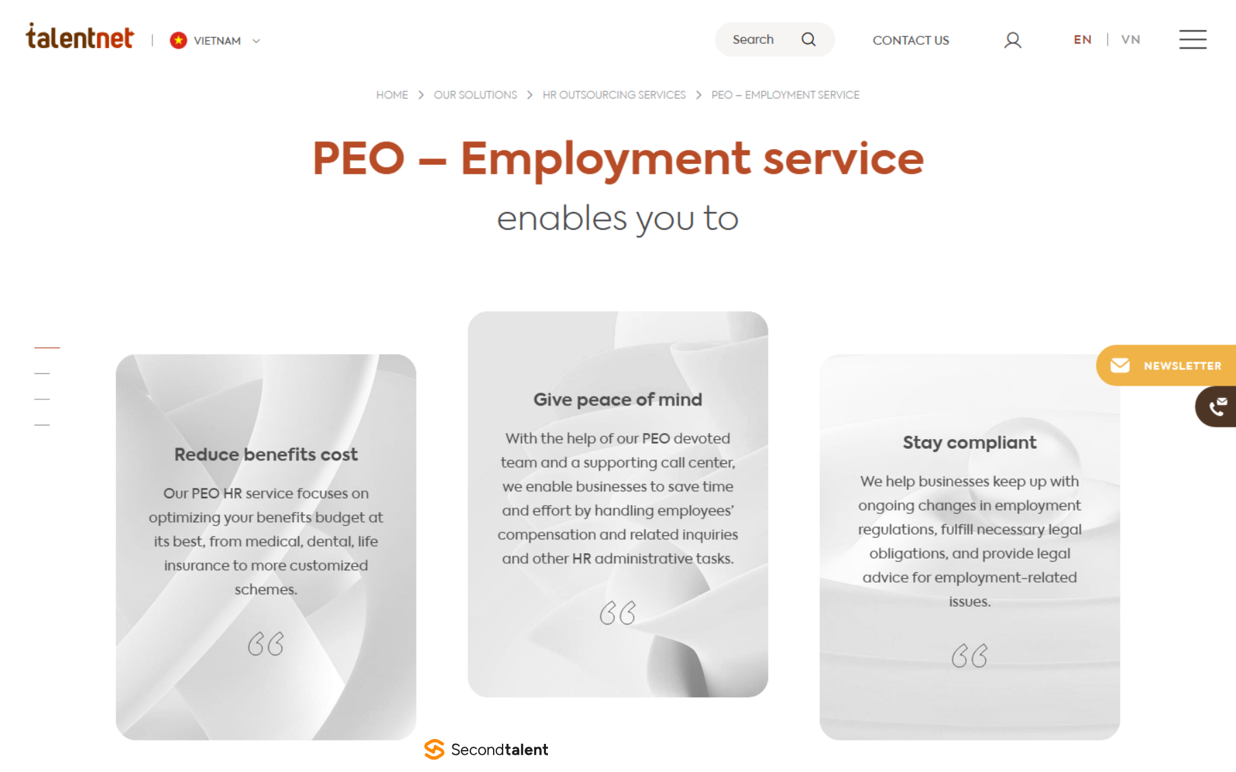 Talentnet's PEO employment service page, listing reduced benefits cost, employee support and staying compliant.