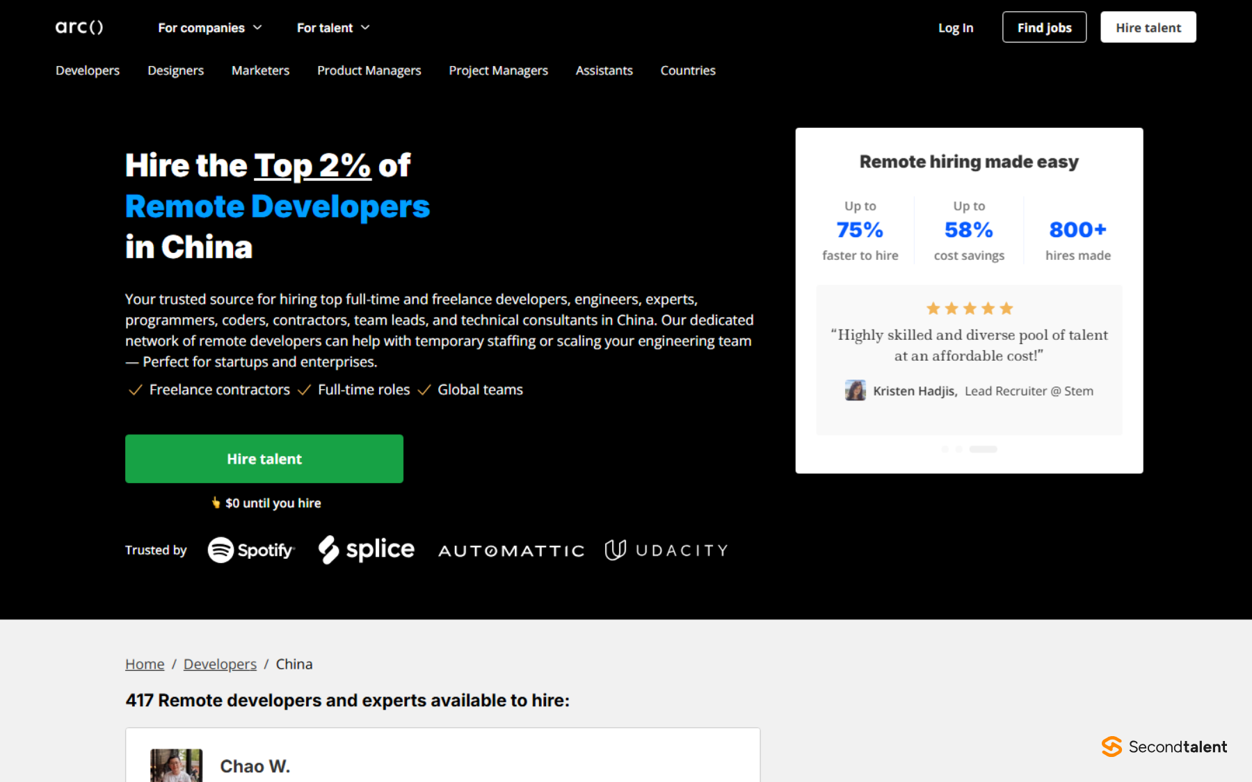 Arc.dev page headed Hire the Top 2% of Remote Developers in China, listing 417 remote developers and experts available to hire.