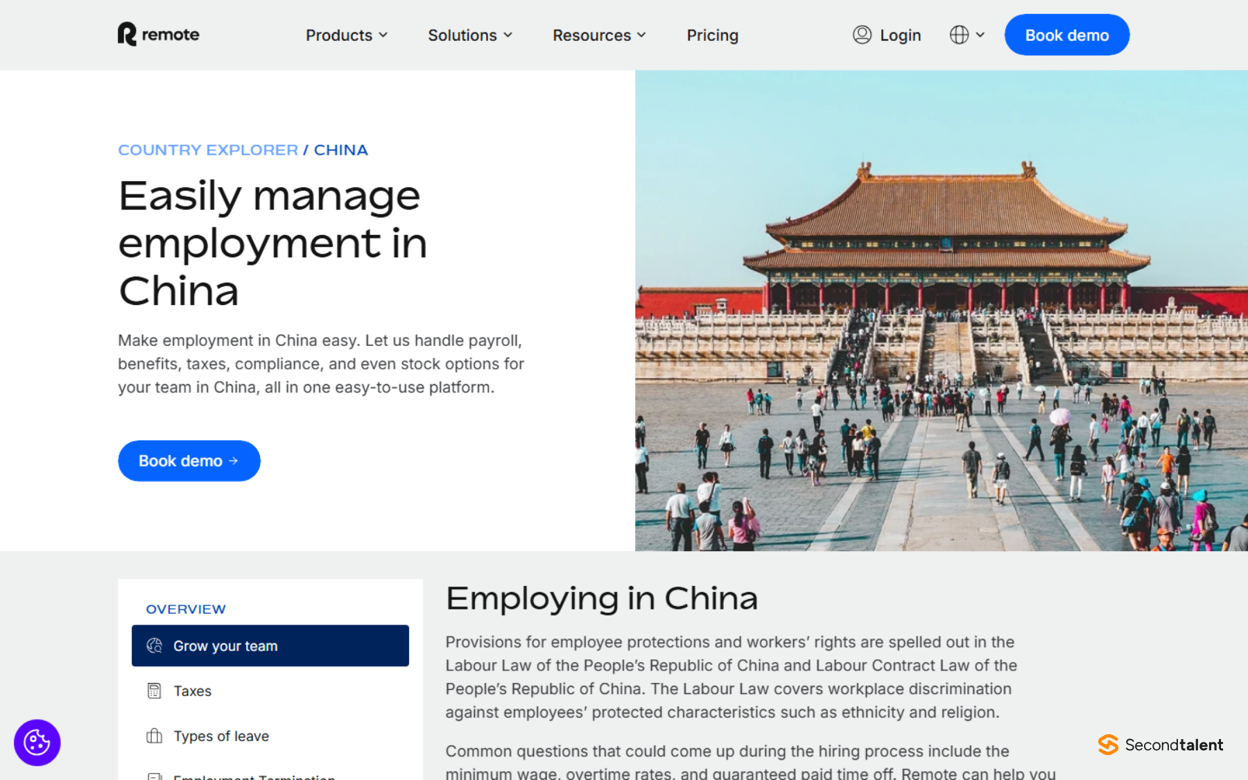 Remote's China country explorer page headed Easily manage employment in China.