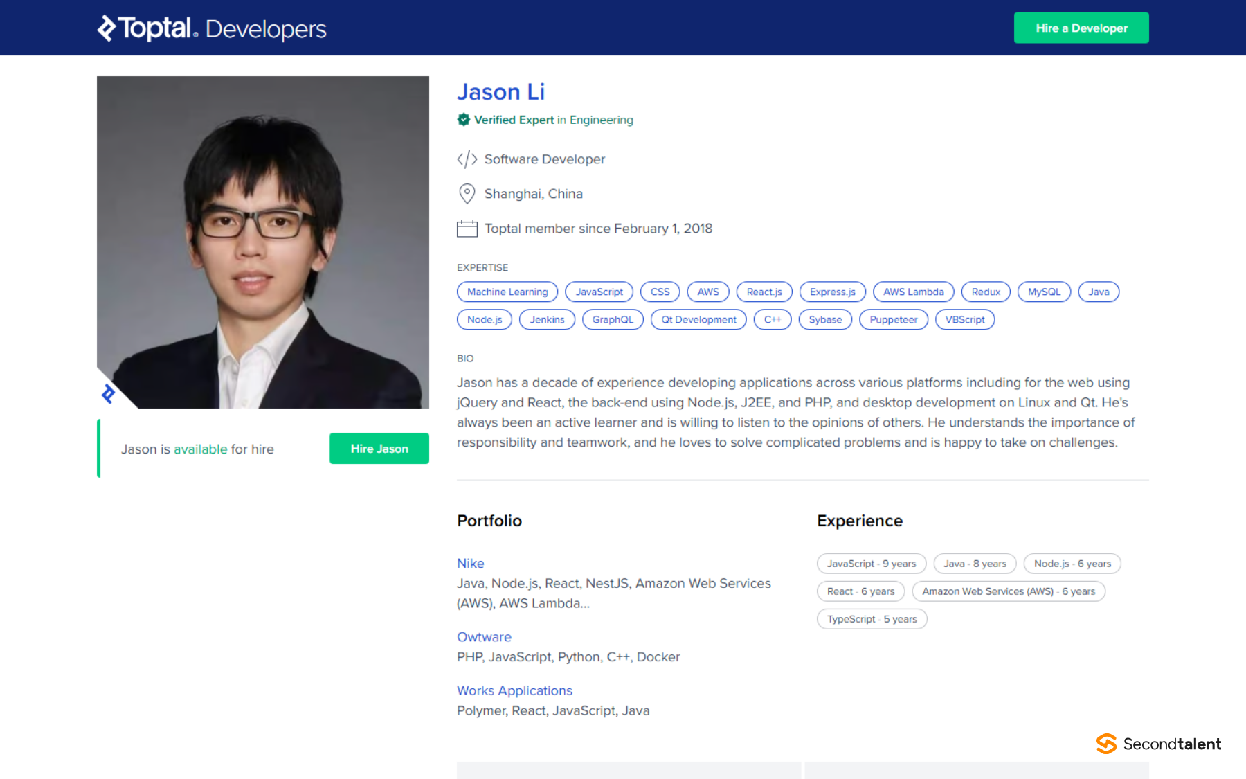 Toptal profile of a verified software developer based in Shanghai, China, a Toptal member since February 2018.