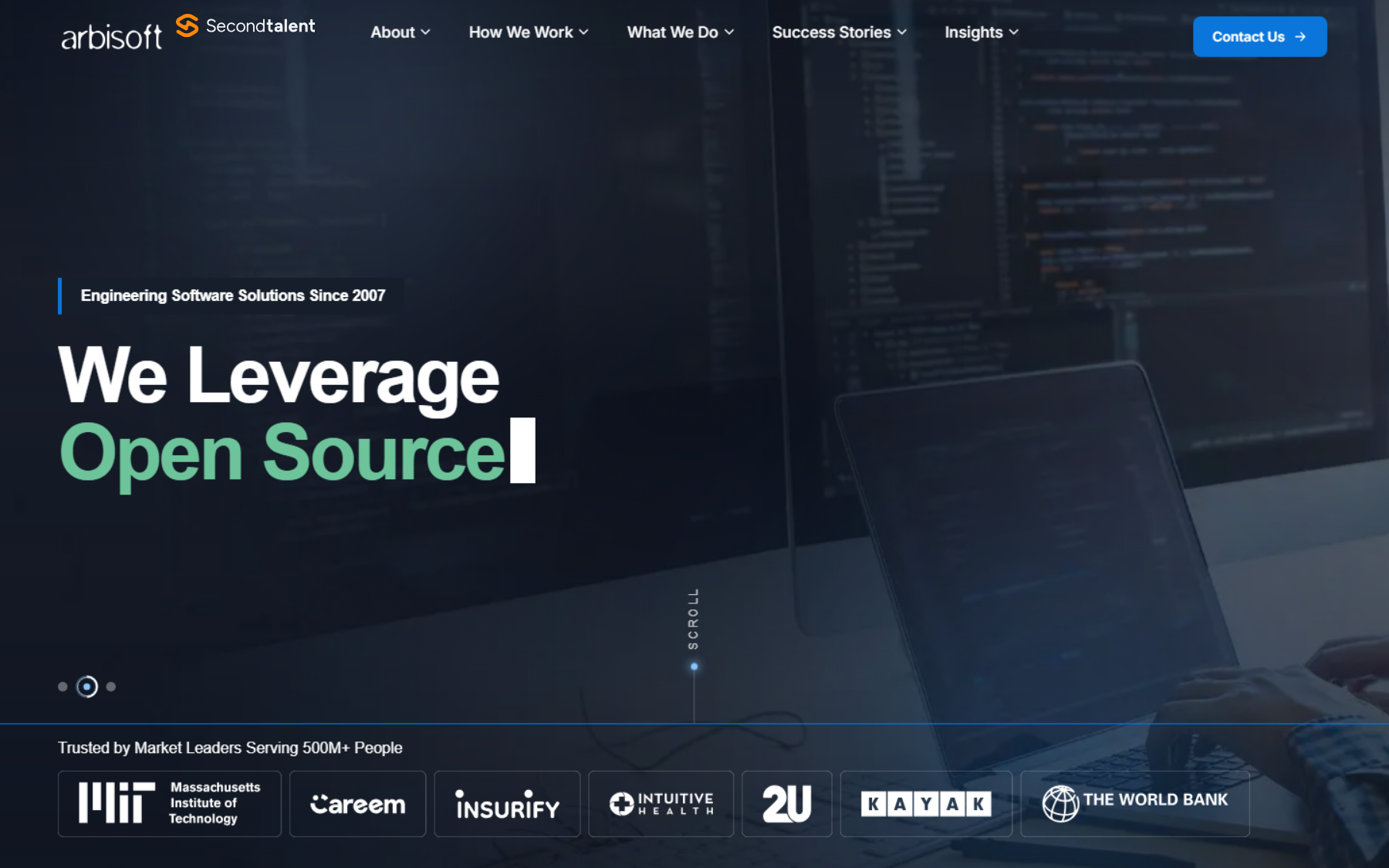 Arbisoft homepage headed We Leverage Open Source, engineering software solutions since 2007, with client logos including MIT, Careem, KAYAK and The World Bank.