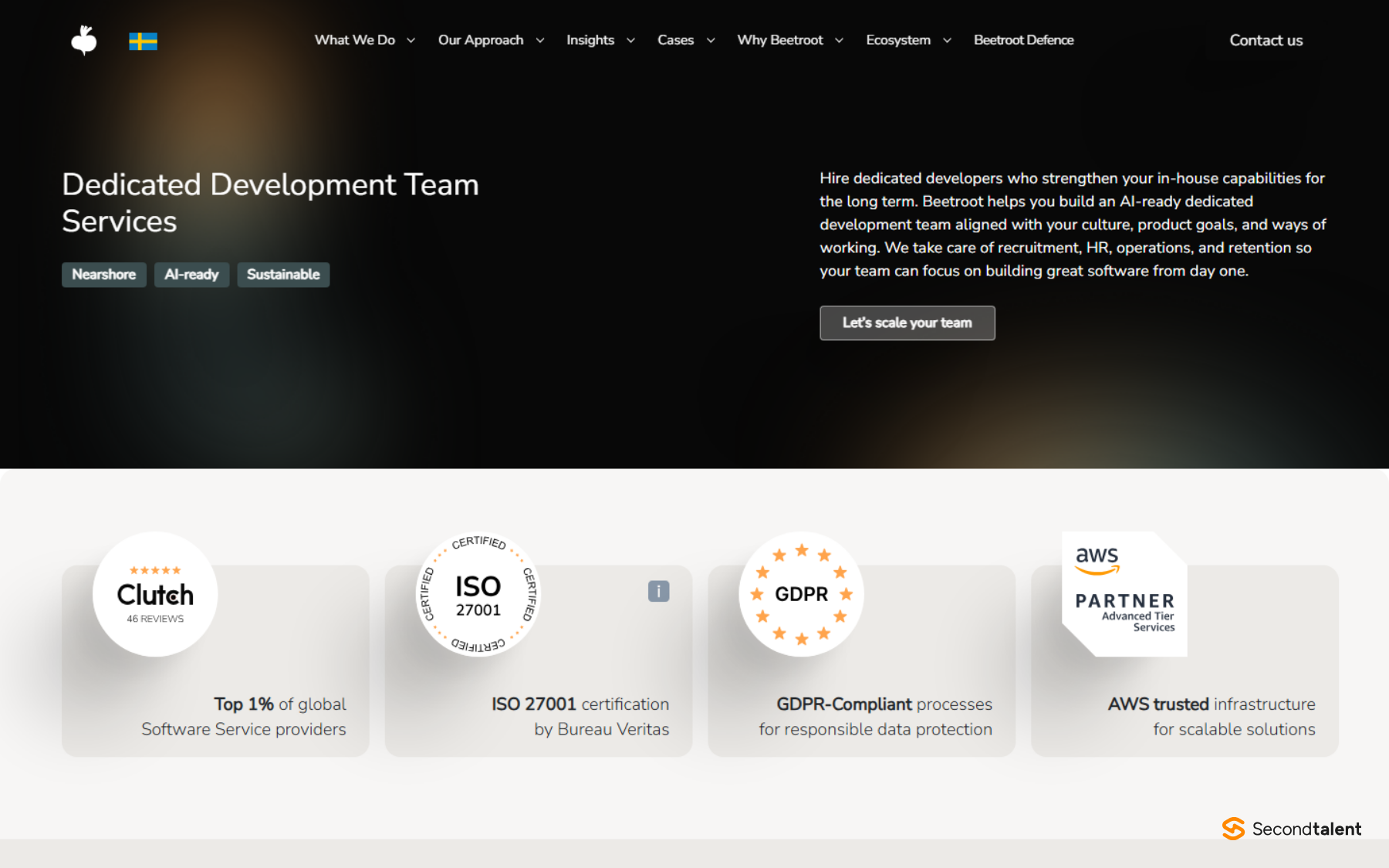 Beetroot's Dedicated Development Team Services page, with Clutch, ISO 27001, GDPR and AWS partner badges.