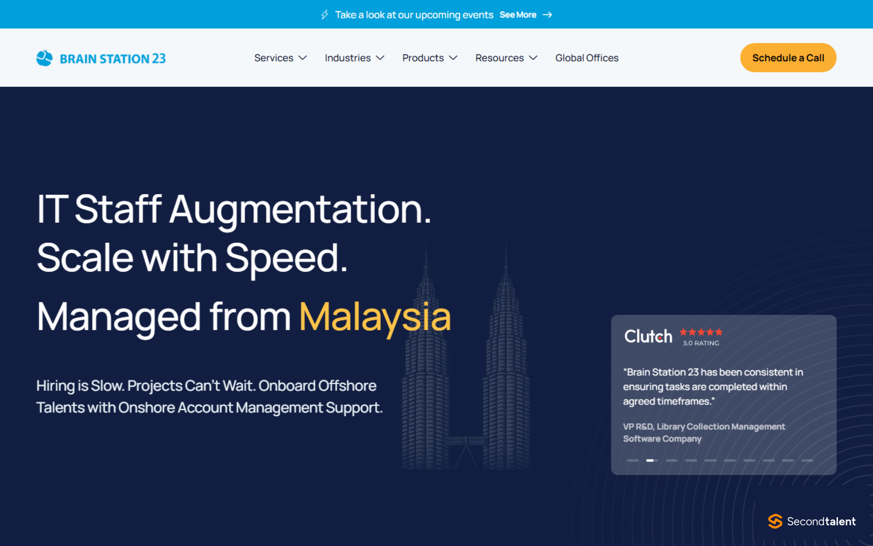 Brain Station 23 staff augmentation page headed IT Staff Augmentation. Scale with Speed, offering offshore talent with onshore account management.