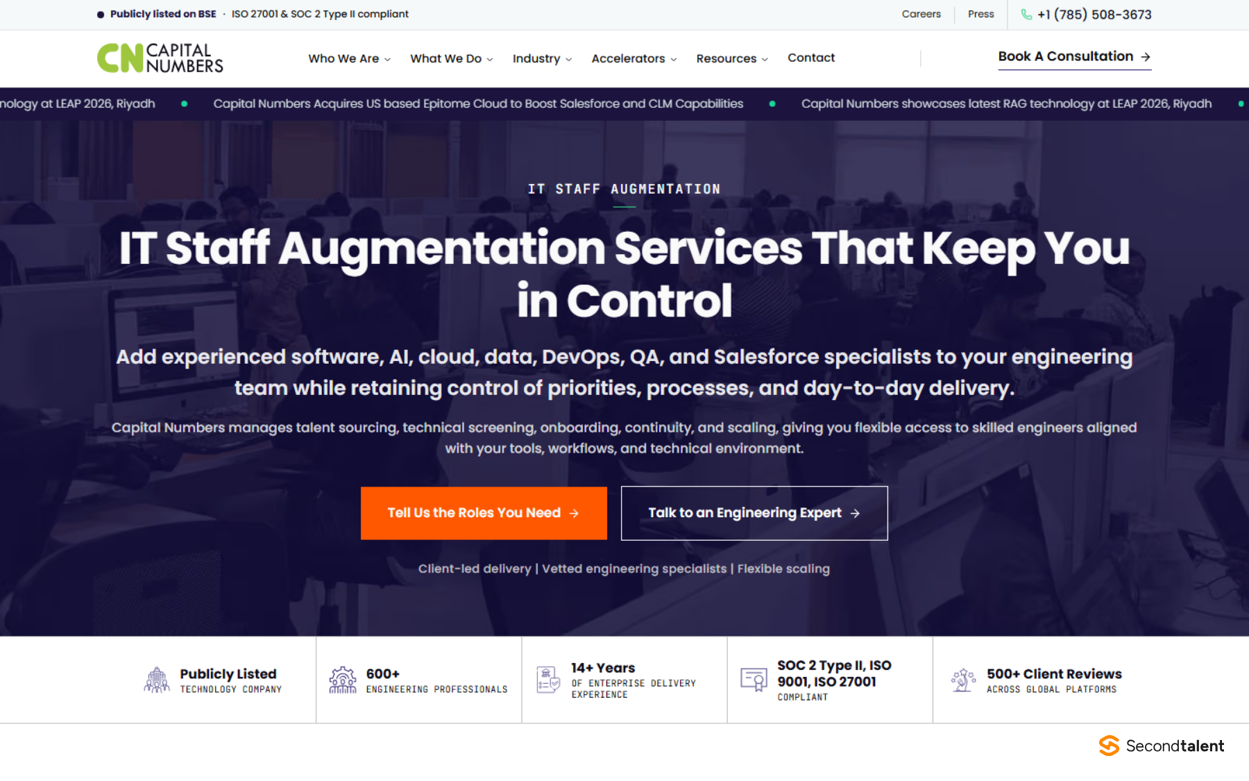 Capital Numbers IT staff augmentation page headed IT Staff Augmentation Services That Keep You in Control, noting it is publicly listed, has 600+ engineering professionals and is SOC 2 Type II, ISO 9001 and ISO 27001 compliant.