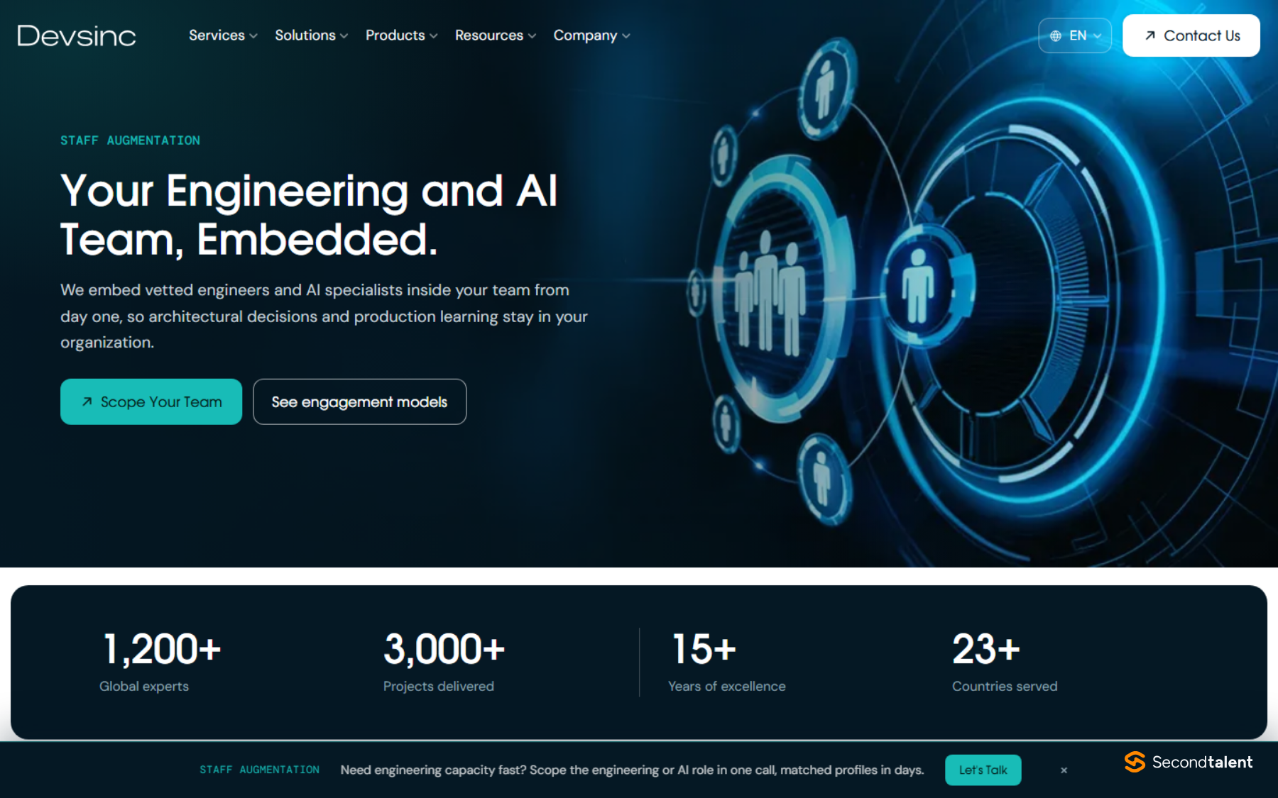 Devsinc staff augmentation page headed Your Engineering and AI Team, Embedded, listing 1,200+ global experts, 3,000+ projects delivered and 23+ countries served.