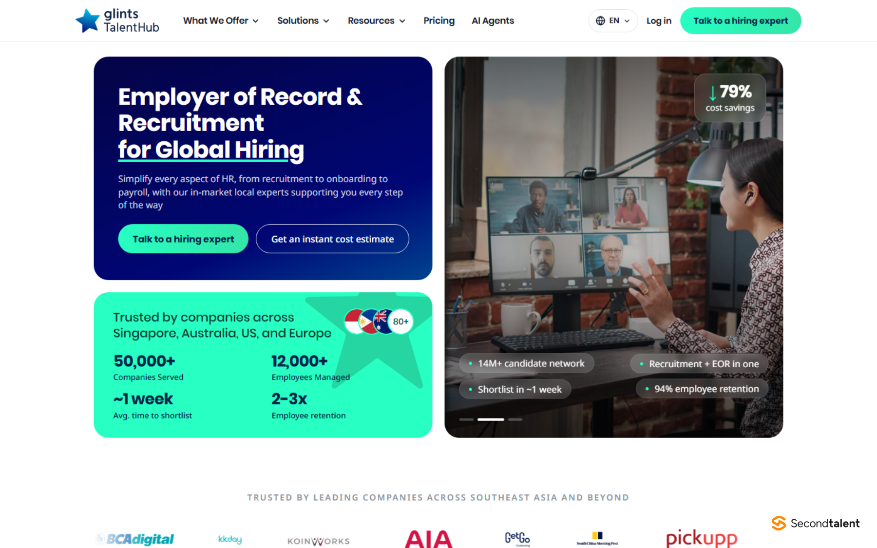 Glints TalentHub page headed Employer of Record and Recruitment for Global Hiring, citing a 14M+ candidate network, a shortlist in about a week and 94% employee retention.