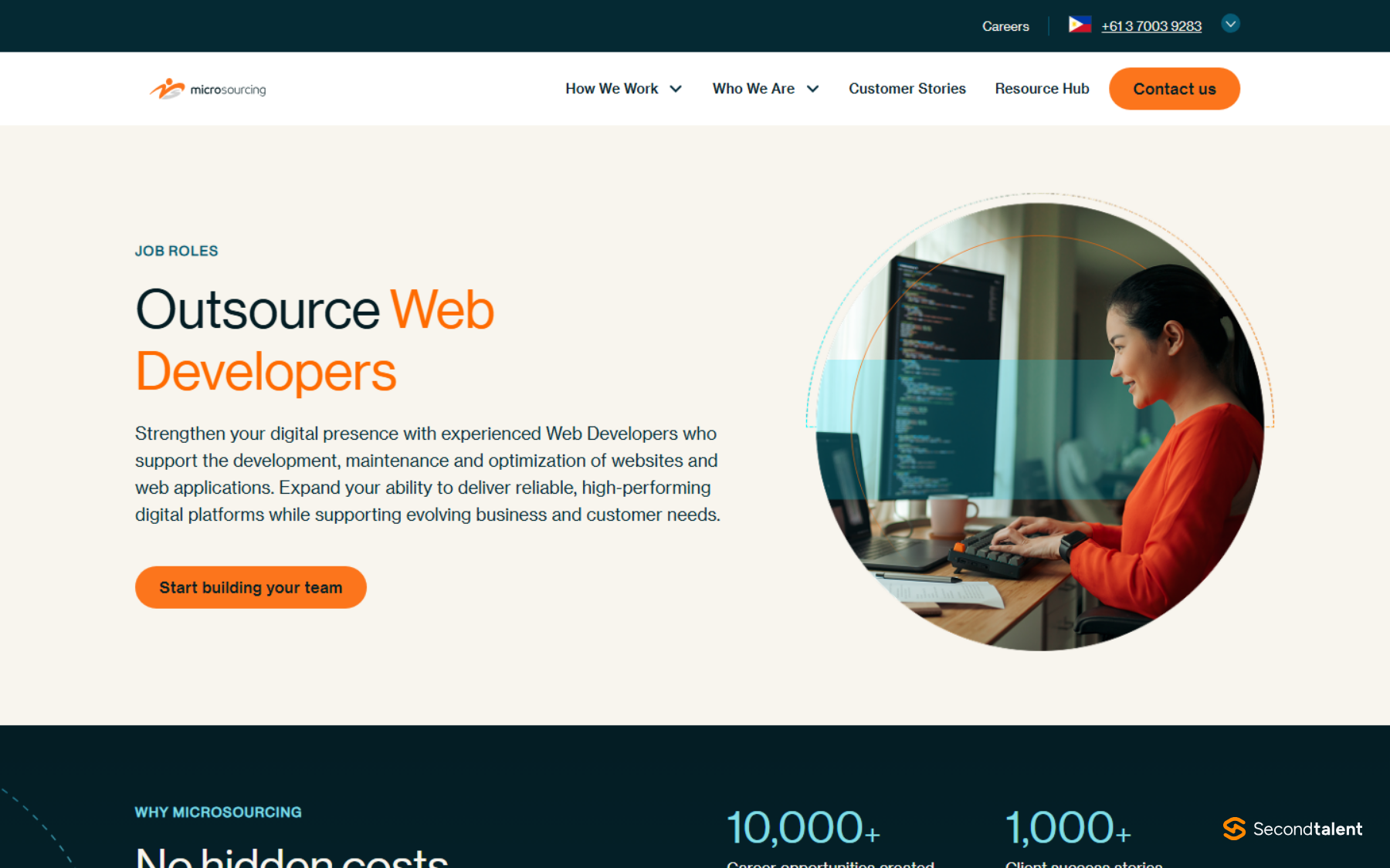 MicroSourcing's Outsource Web Developers page, offering web developers to support the development and maintenance of websites and web applications.