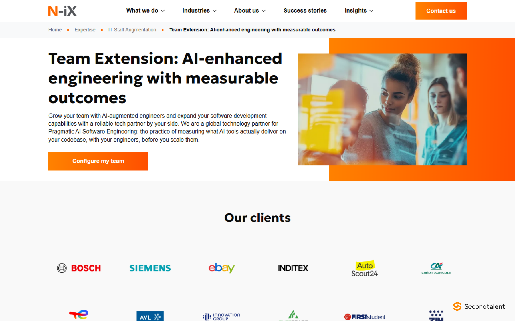 N-iX team extension page headed Team Extension: AI-enhanced engineering with measurable outcomes, above client logos including Bosch, Siemens, eBay and Inditex.