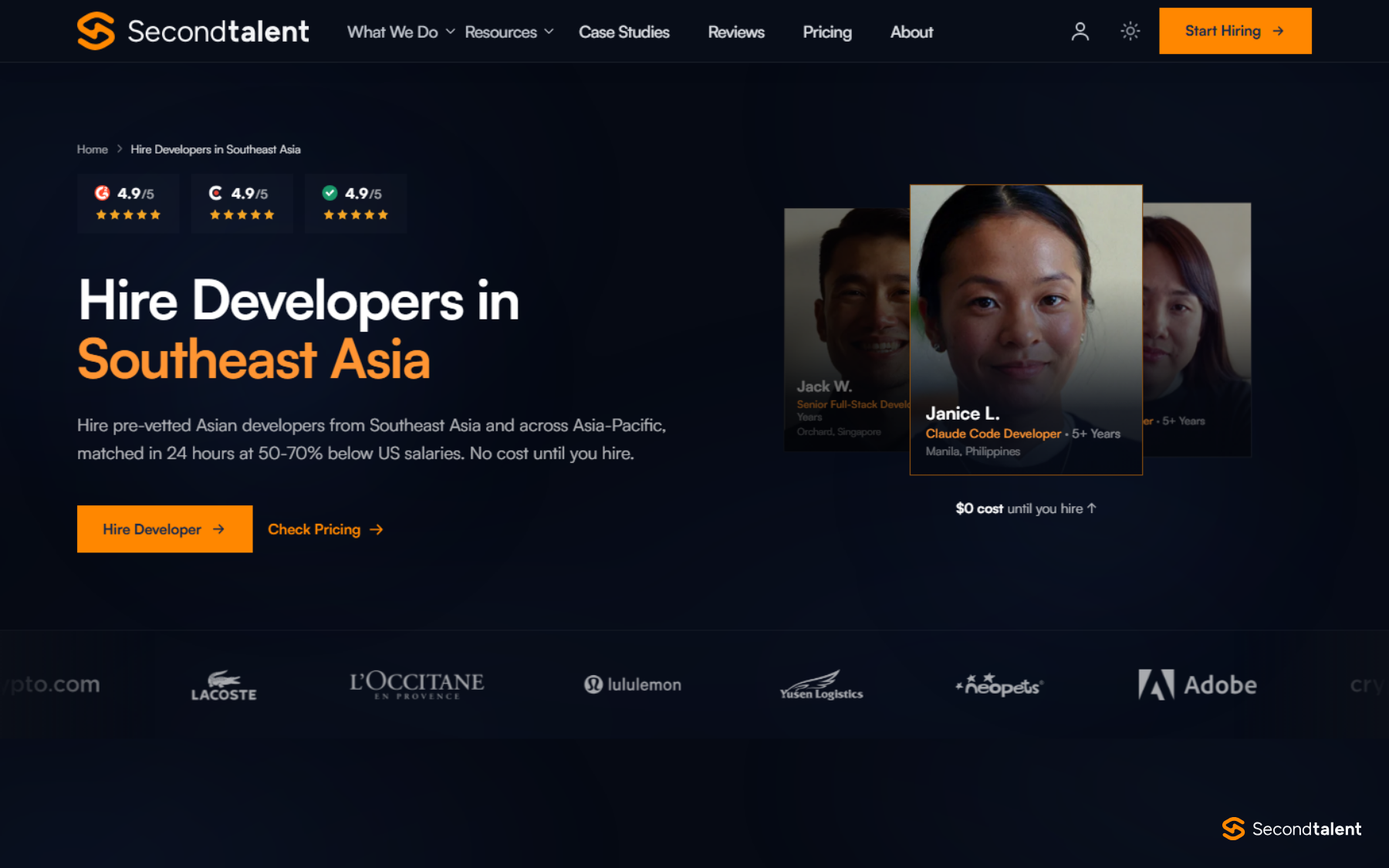Second Talent's Hire Developers in Southeast Asia page: pre-vetted developers matched in 24 hours at 50-70% below US salaries, no cost until you hire.