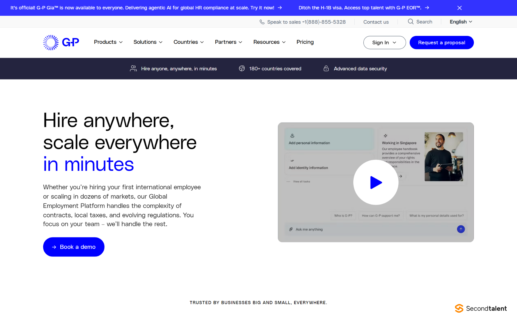 G-P homepage: hire anywhere, scale everywhere in minutes, 180+ countries covered, October 2026