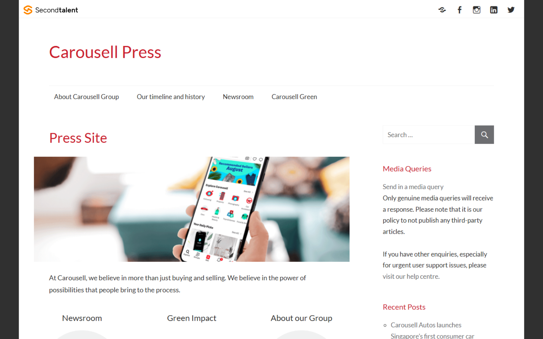 Carousell's press site, with a recent post on Carousell Autos' consumer car auction.