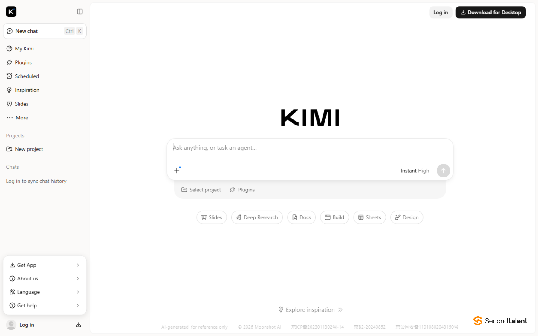 The Kimi assistant home page from Moonshot AI, with slides, deep research, docs and sheets modes under the prompt box.