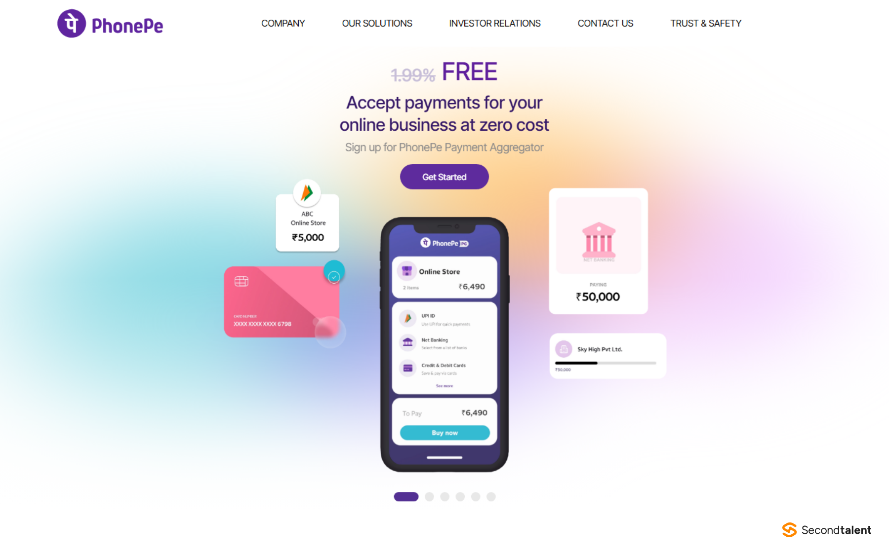 PhonePe's home page promoting its payment aggregator for online businesses.