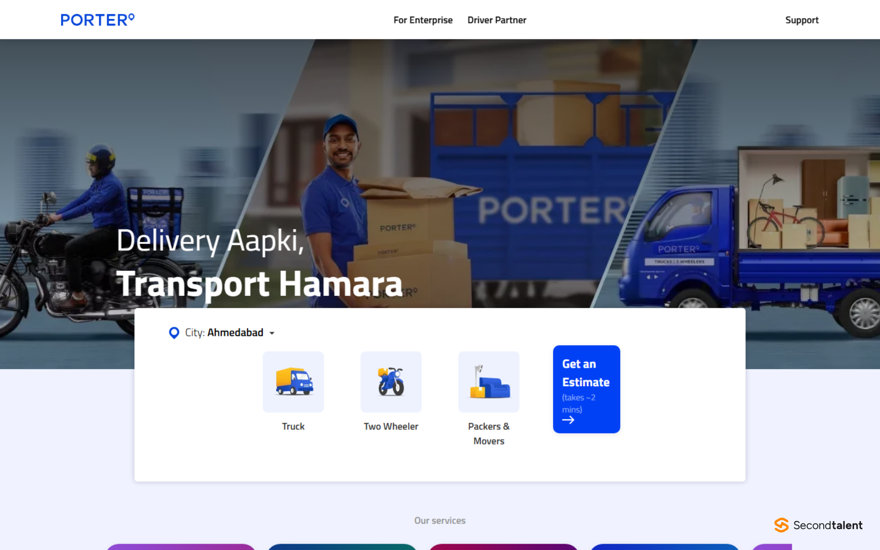 Porter's home page with a delivery estimate box for trucks, two-wheelers and packers and movers.