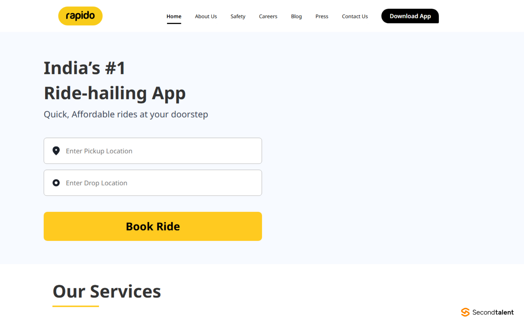 Rapido's home page, headed India's number one ride-hailing app, with pickup and drop fields.