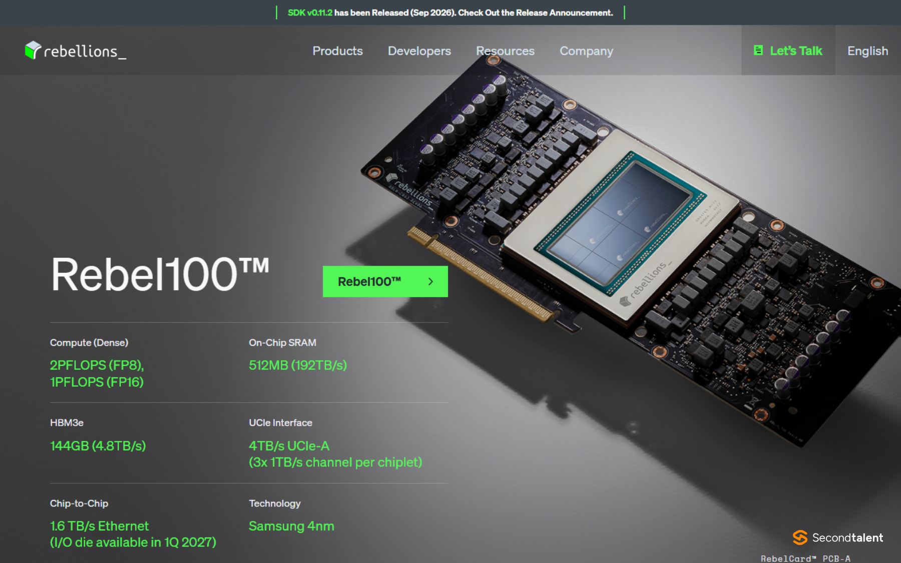 Rebellions' home page showing the REBEL100 chip with its compute, memory and process specifications.