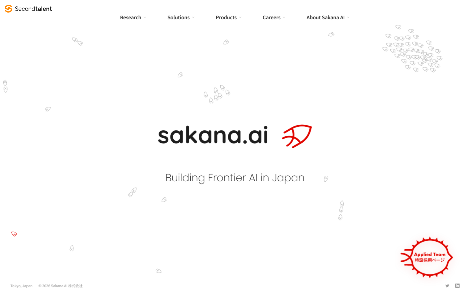 Sakana AI's home page, headed Building Frontier AI in Japan.
