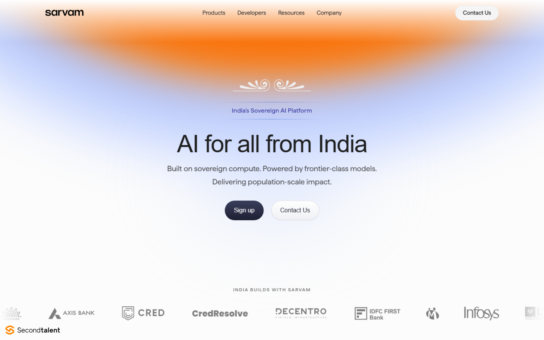 Sarvam AI's home page, headed AI for all from India, with logos of Indian companies that use it.
