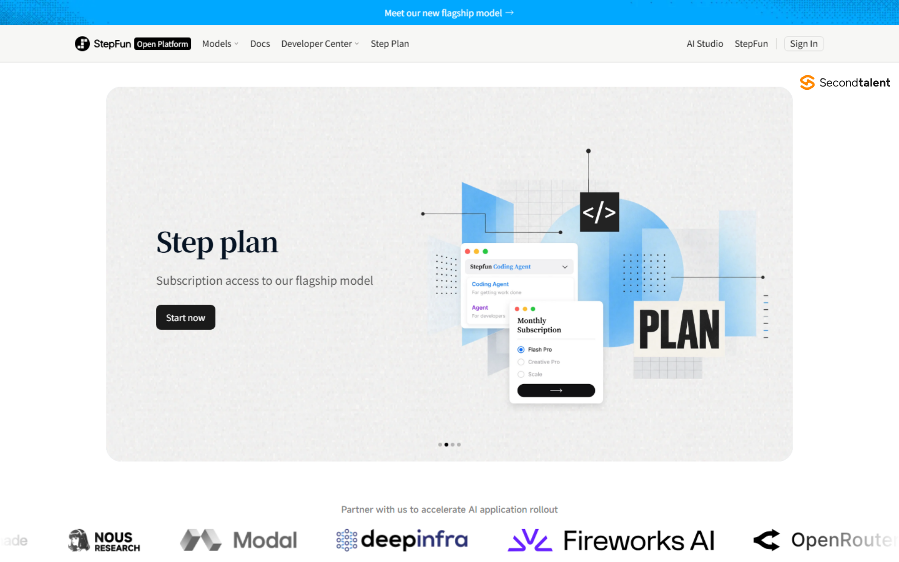 StepFun's developer platform home page, promoting its Step plan subscription for the flagship model.