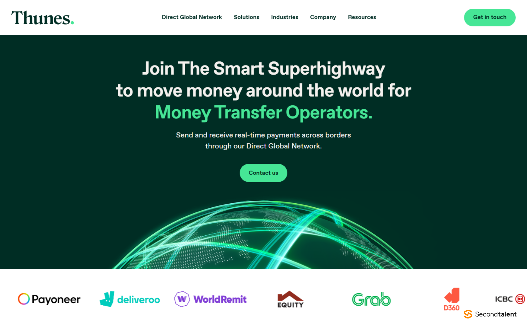 Thunes' home page, describing its direct global network for moving money across borders.