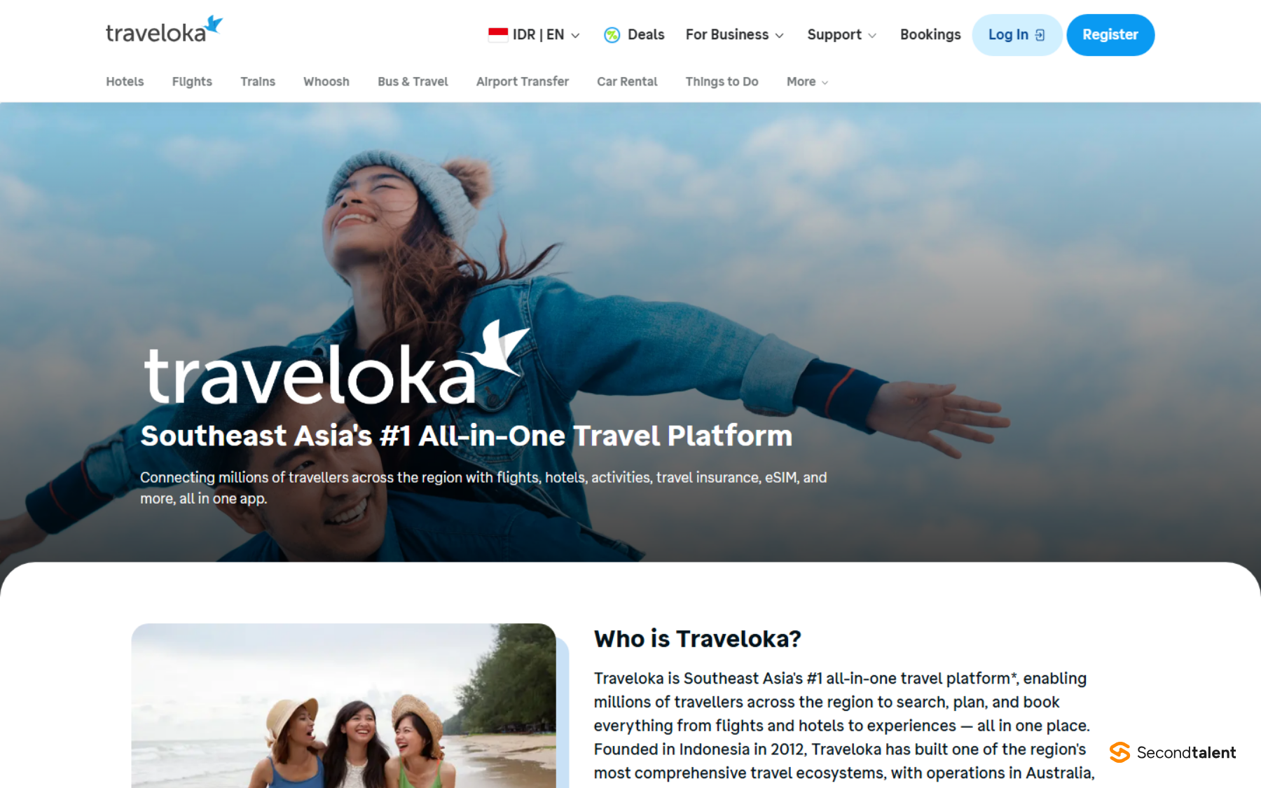 Traveloka's about page, describing it as an all-in-one travel platform for flights, hotels and activities.